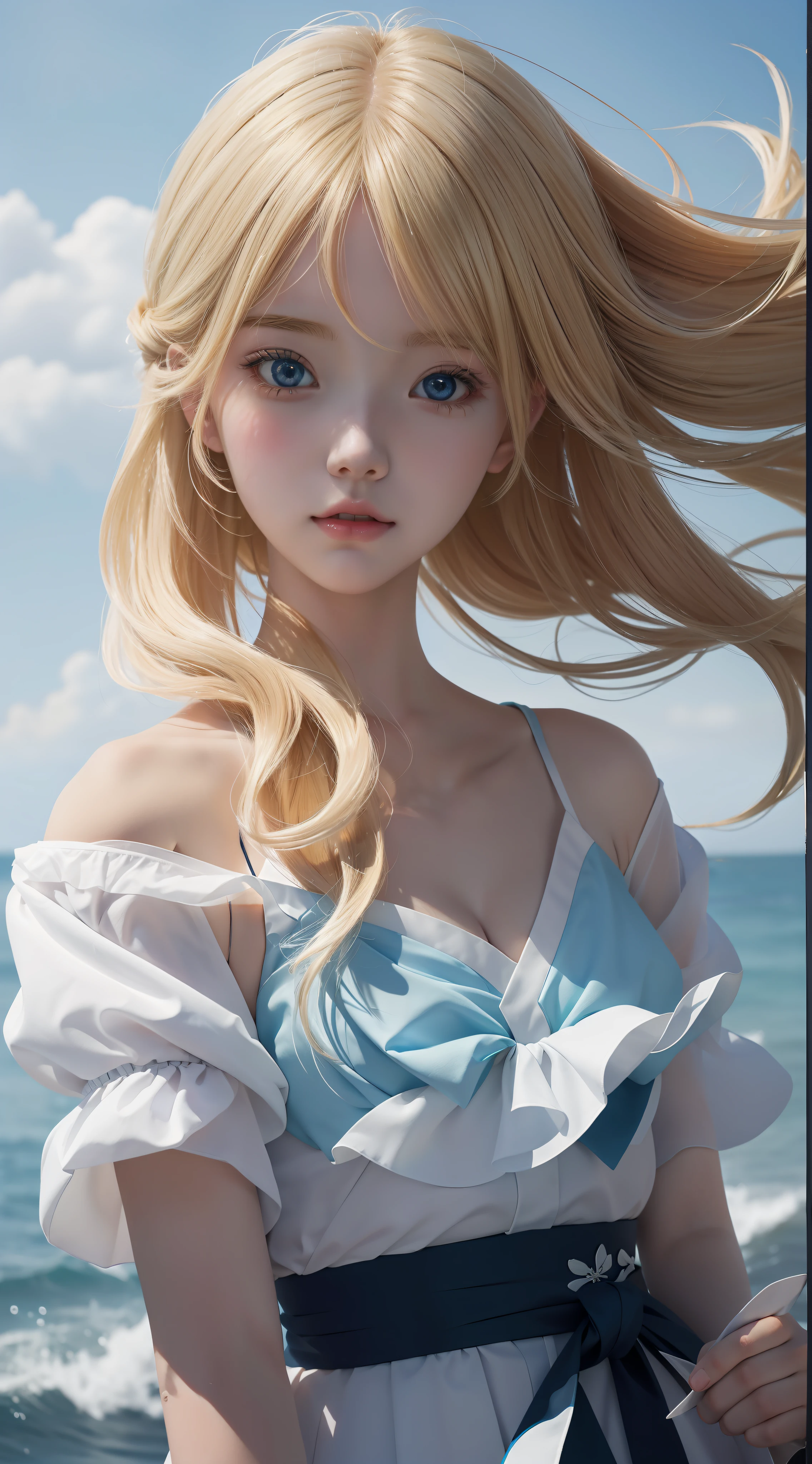 Anime girl standing in front of water with long blonde hair and blue eyes, a beautiful anime portrait, Guviz-style artwork, portrait anime girl, detailed portrait of an anime girl, Beautiful anime girl, Guweiz on ArtStation Pixiv, Guweiz in Pixiv ArtStation, Detailed digital anime art, Digital anime art, Soft anime illustration