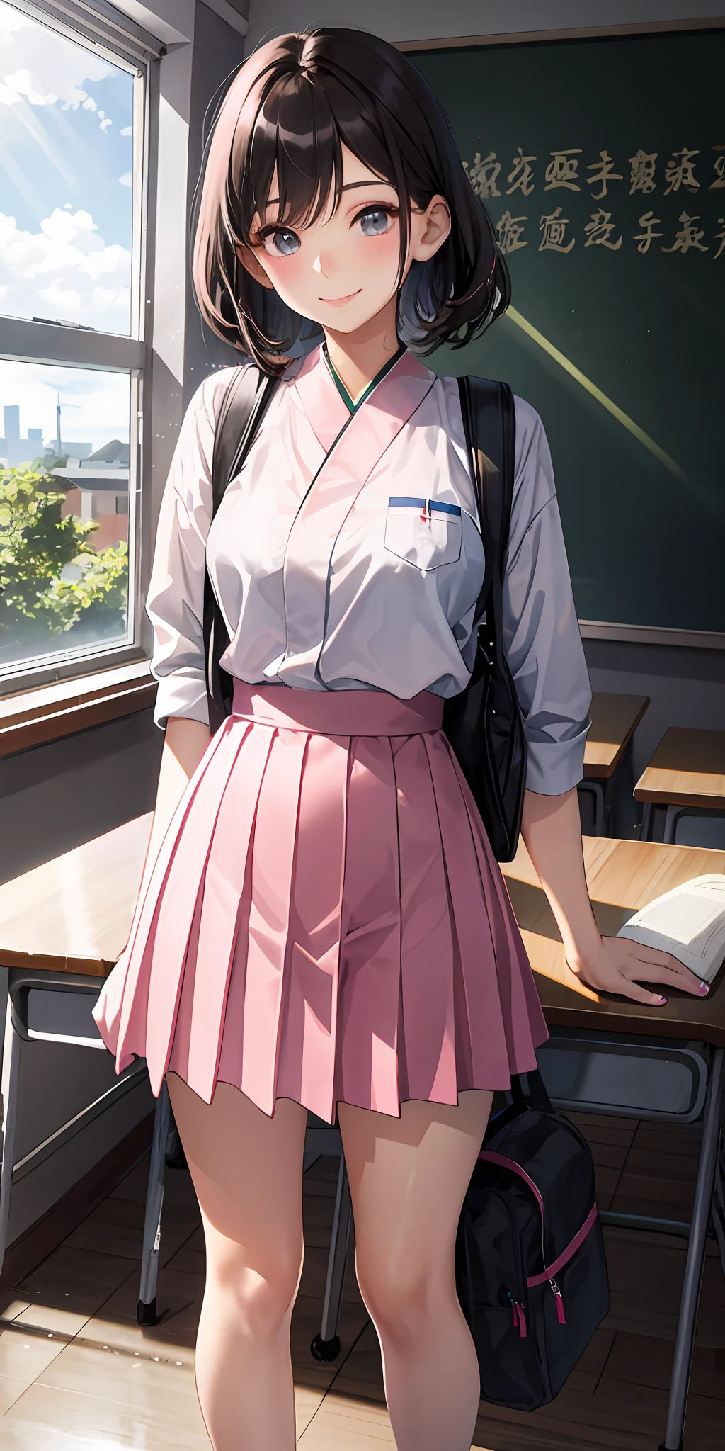 1girl,lip flap,Blushlush,Makeup,Light smile,校服,Classroom,bookbag,llight rays,Glow,upper legs,鎖骨,a narrow waist,(tmasterpiece),the wallpaper,Short pink skirt