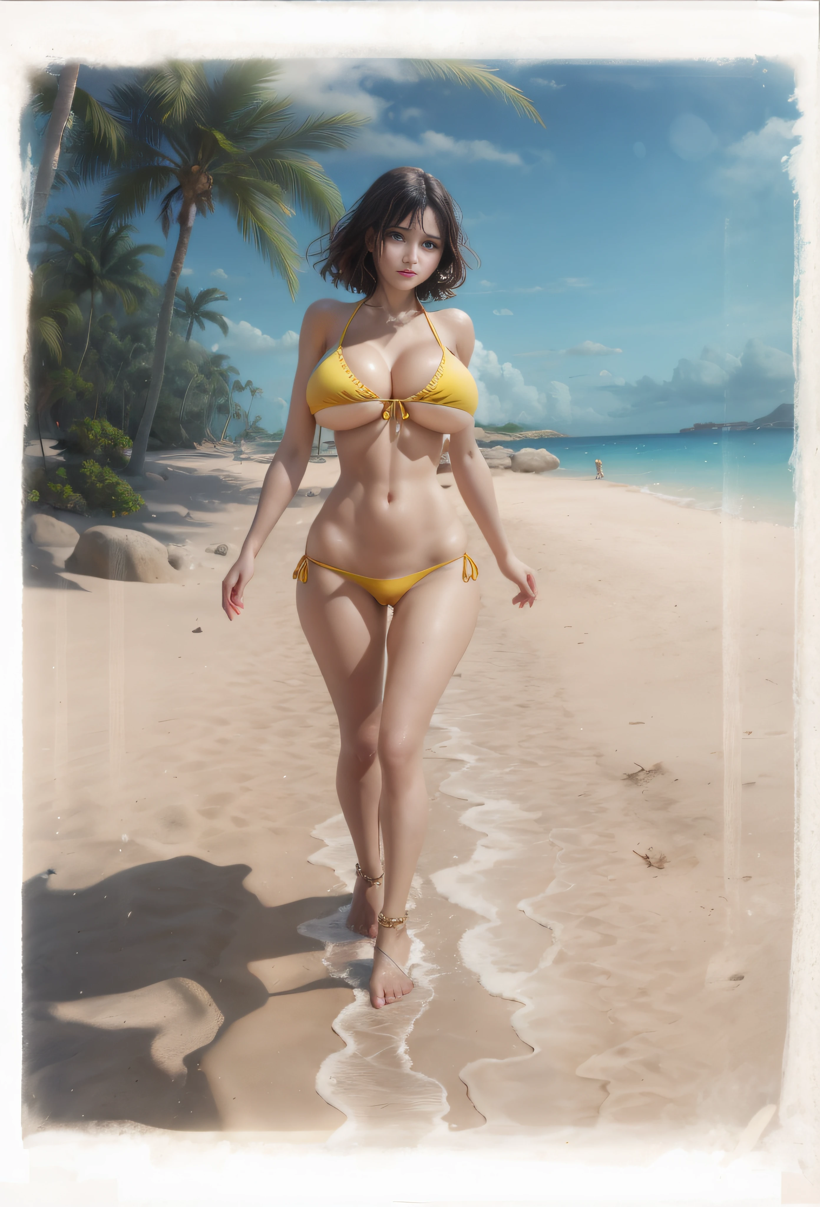 there is a woman in a bikini walking on the beach, woman on the beach, beautiful face, big breasts, girl on the beach, ((bare legs)), ((bare feet)), cameltoe, palm trees, azure water, sand,