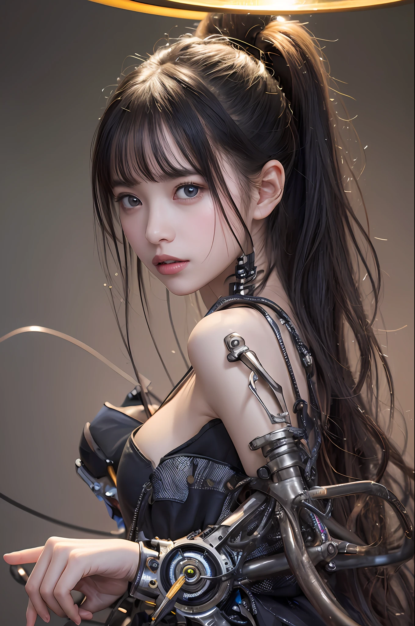 top-quality、masterpiece、超A high resolution、(Photorealsitic:1.4)、Raw photo、女の子1人、Black hair、glowy skin、1 Mechanical Girl、((super realistic details))、portlate、Global Illumination、Shadow、octan render、8K、ultrasharp、huge tit、Raw skin is exposed in cleavage、metals、Details of complex ornaments、Gothloli details、Analog Meter、gear wheel、gear、screw、Golden hydraulic cylinder、highly intricate detail、Realistic light、CGSoation Trends、a purple eye、radiant eyes、Facing the camera、neon details、Mechanical limbs、blood vessels connected to tubes、Mechanical vertebrae attached to the back、mechanical cervical attaching to neck、sitting on、Wires and cables connecting to the head、Small LED lamp、