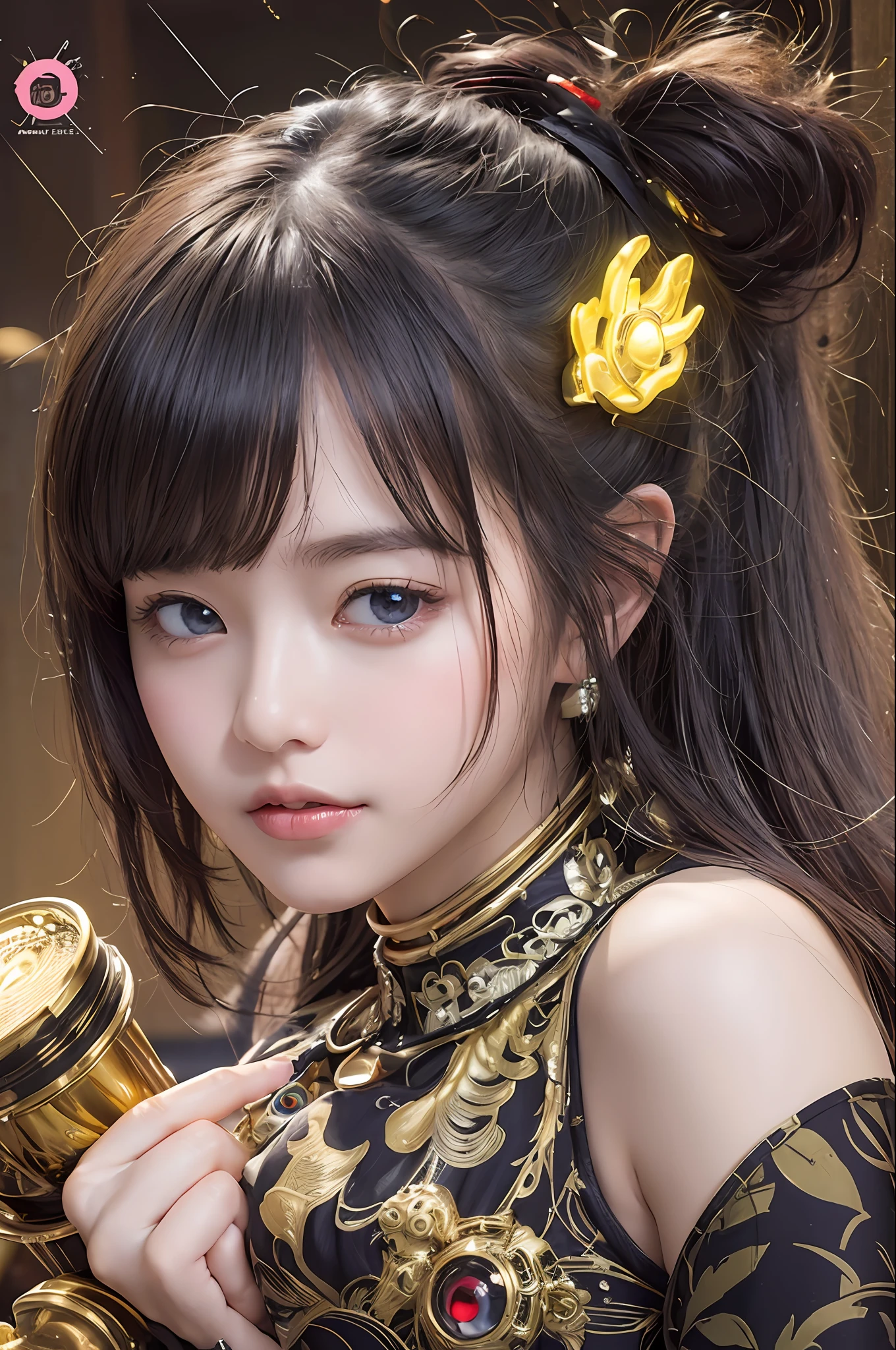 top-quality、​masterpiece、超A high resolution、(Photorealsitic:1.4)、Raw photo、女の子1人、Black hair、glowy skin、1 Mechanical Girl、((super realistic details))、portlate、Global Illumination、Shadow、octan render、8K、ultrasharp、huge tit、Raw skin is exposed in cleavage、metals、Details of complex ornaments、Gothloli details、Analog Meter、gear wheel、gear、screw、Golden hydraulic cylinder、highly intricate detail、Realistic light、CGSoation Trends、a purple eye、radiant eyes、Facing the camera、neon details、Mechanical limbs、blood vessels connected to tubes、Mechanical vertebrae attached to the back、mechanical cervical attaching to neck、sitting on、Wires and cables connecting to the head、Small LED lamp、