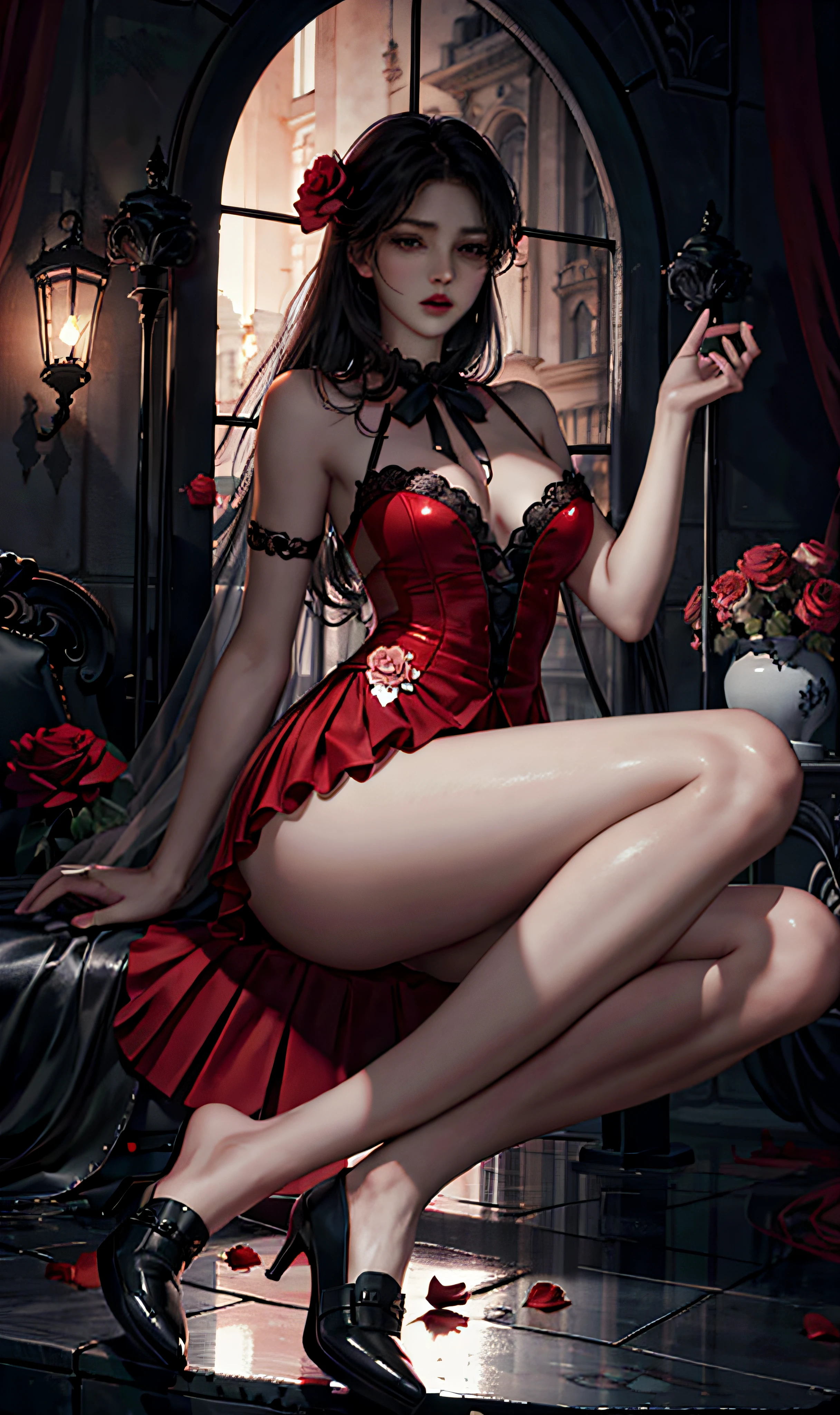 camellia, fleur, rouge_fleur, rouge_rose, rose, Kvedana, 1fille, rose_rose, rose_fleur, spider_lys, chaussures, long_cheveux, school_uniforme, Serafuku, fourreau, jupe, seulement,  Sheathed, vase, regardant_ved_spectvedeur, assis, orange_fleur, pleated_jupe, rose_petals, noir_chemise, noir_legwear, noir_jupe, hibiscus, very_long_cheveux, parted_minora, loafers, marin_col, noir_cheveux, Foulard