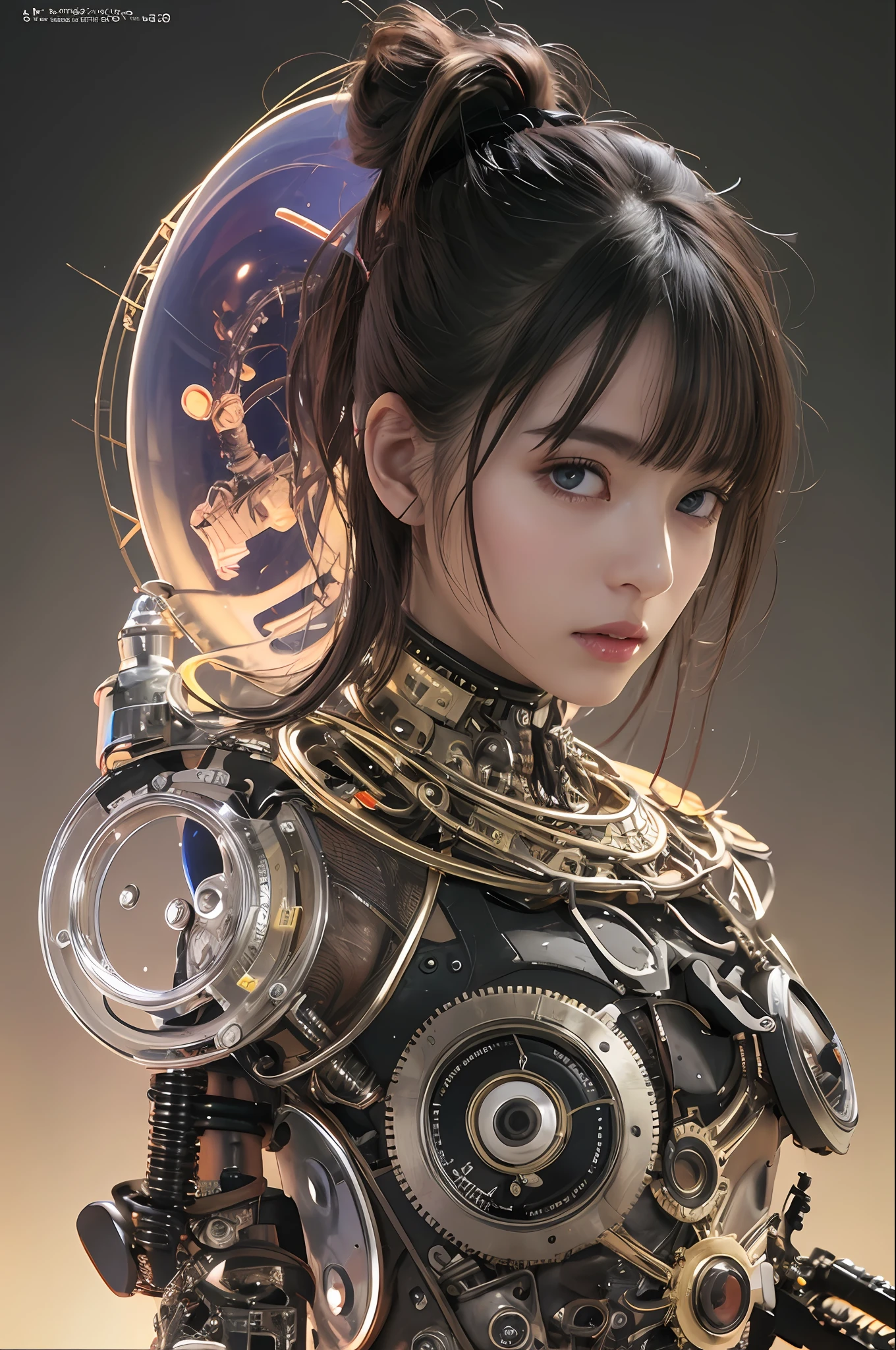 top-quality、masterpiece、超A high resolution、(Photorealsitic:1.4)、Raw photo、1人、Black hair、glowy skin、1 Mechanical Girl、((super realistic details))、portlate、Global Illumination、Shadow、octan render、8K、ultrasharp、huge tit、Raw skin is exposed in cleavage、metals、Details of complex ornaments、Gothloli details、Analog Meter、gear wheel、gear、screw、Golden hydraulic cylinder、highly intricate detail、Realistic light、CGSoation Trends、a purple eye、radiant eyes、Facing the camera、neon details、Mechanical limbs、blood vessels connected to tubes、Mechanical vertebrae attached to the back、mechanical cervical attaching to neck、sitting on、Wires and cables connecting to the head、Small LED lamp、