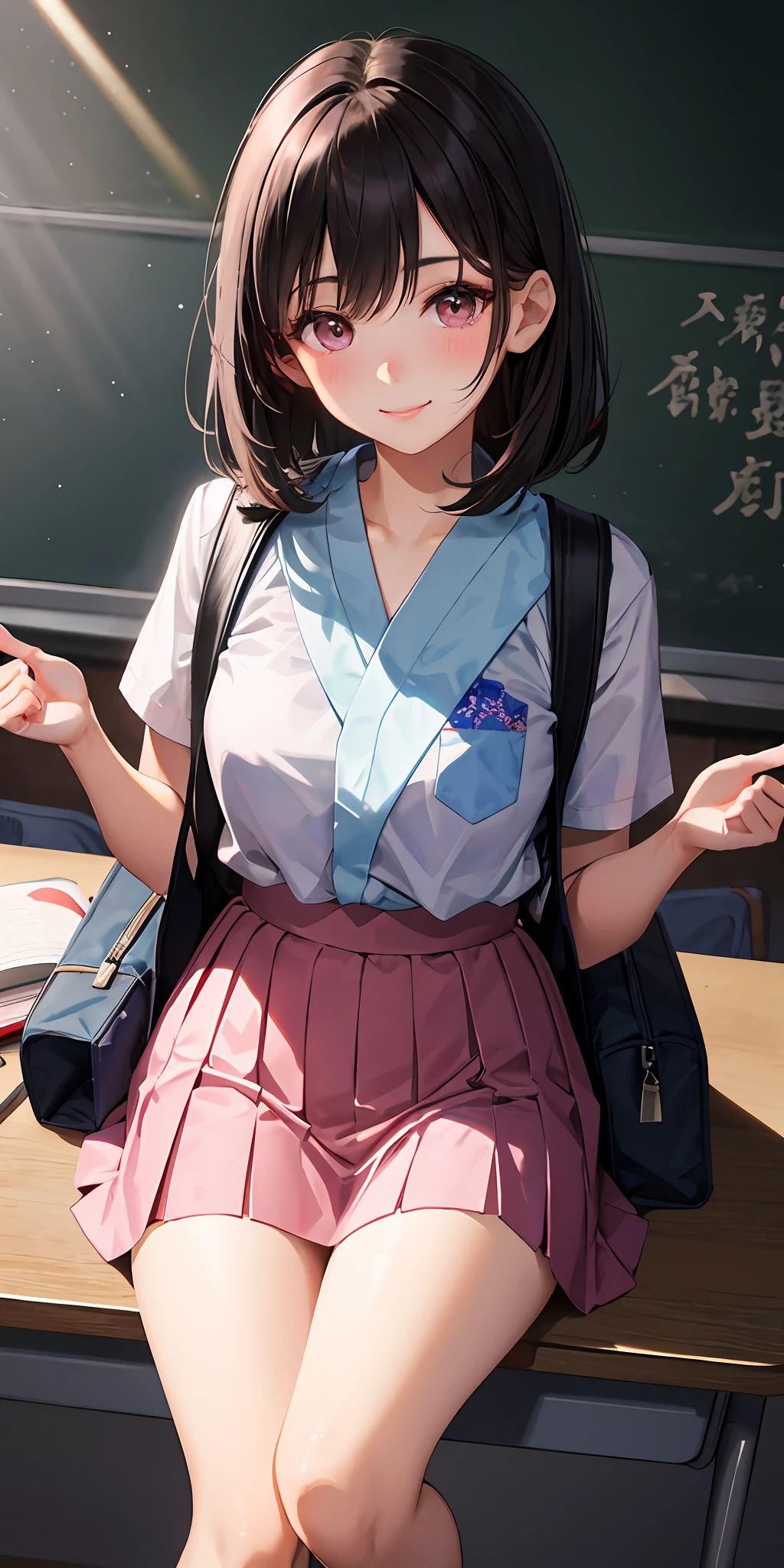 1girl,lip flap,Blushlush,Makeup,Light smile,校服,‎Classroom,bookbag,llight rays,Glow,upper legs,鎖骨,a narrow waist,(tmasterpiece),the wallpaper,Short pink skirt