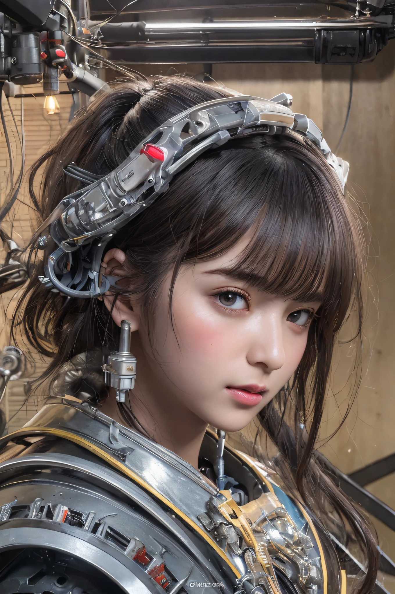 Blush，Top quality, Masterpiece, 超高分辨率, (Photorealistic: 1.4), RAW photo, 1 girl, Black hair, Glossy glossy skin, 1 mechanical girl, (hyper realistic detailed)), Portrait, Global illumination, Shadows, Octane rendering, 8K, ultrasharp, Big, Cleavage Exposed Raw Skin, metal, Detail of Intricate Ornaments, Steampunk details, vacuum tubes, nixie tubes, oil pressure gauges, glass tubes, analog meters, (gear wheel), Hydraulic cylinder, very complex details, Realistic light, CGSoation trends, Purple eyes, Glowing eyes, Facing the camera, neon light detail, Mechanical limbs, blood vessels attached to the tube, Mechanical vertebrae attached to the back, mechanical cervical attachment to the neck, Sitting, wires and cables connecting to head, gundam, (Small LED lamps:1.5),neonlight，(Soviet fluorescent tubes)