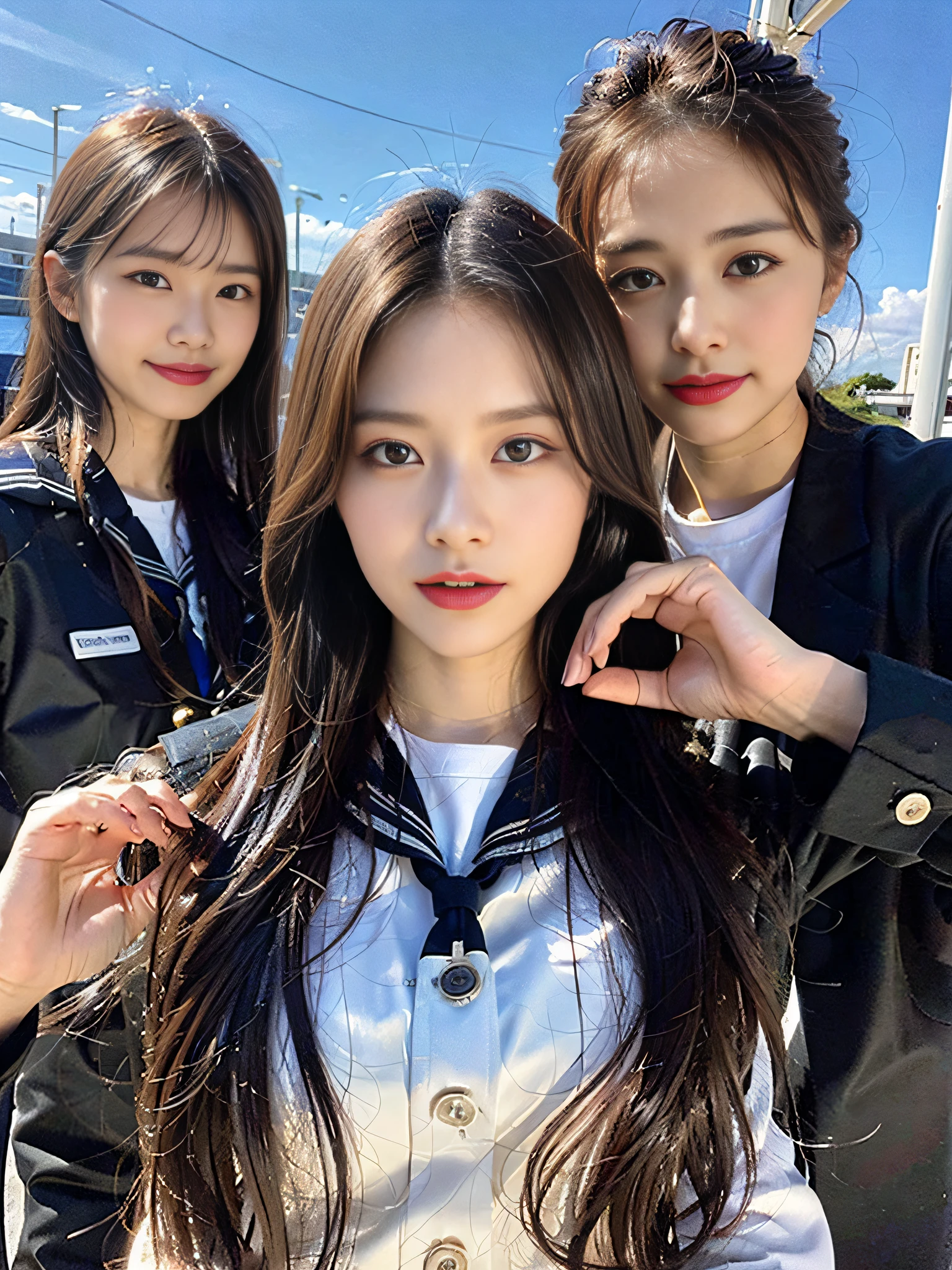 (8K、Raw photography、top-quality、masterpiece:1.2)、ultra-detailliert、ultra res、(realisitic、Real Photographics:1.47)、(Using the kiss you throw as a camera)From above、Camera from above、Camera angle from above、I'm looking at this with upward eyes、Arms outstretched、arms spread wide、High-quality images taken with a camera from above、Above the sea、、Offshore Girl(Fantastic lighting)head to waist、、de pele branca、Fair-skinned female proofreading、An ultra-high picture quality、、Beautiful female proofreading reflecting in light、amazing detailed、Beautiful girls in very detailed、Faces with different patterns、Different face patterns、Each hairstyle has its own characteristics、Farbe々Hairstyle、Farbe々Hair color shining with clean light、I enjoy fishing on a boat、Brown hair shining in the light、One has a ponytail、、Modern cute high school girl、very detailed faces very detailed eyes、Very realistic skin、 extremely detailed fingers, highly detailed nose, highly detail mouth, perfect anatomia, Highly detailed sailor suit、、The details of their hair and uniforms shine through、Two young women in sailor suits are taking pictures, loose coat collar sailor uniform, two japanese schoolgirls posing,