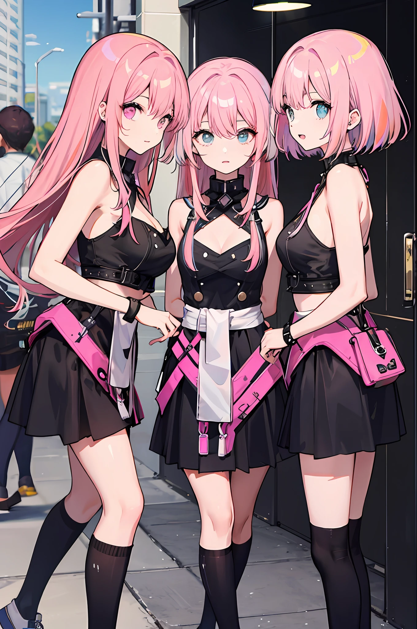 Triplets,whaite hair,Pink hair,brunette color hair,stocklings,a matural female,Raised sexy