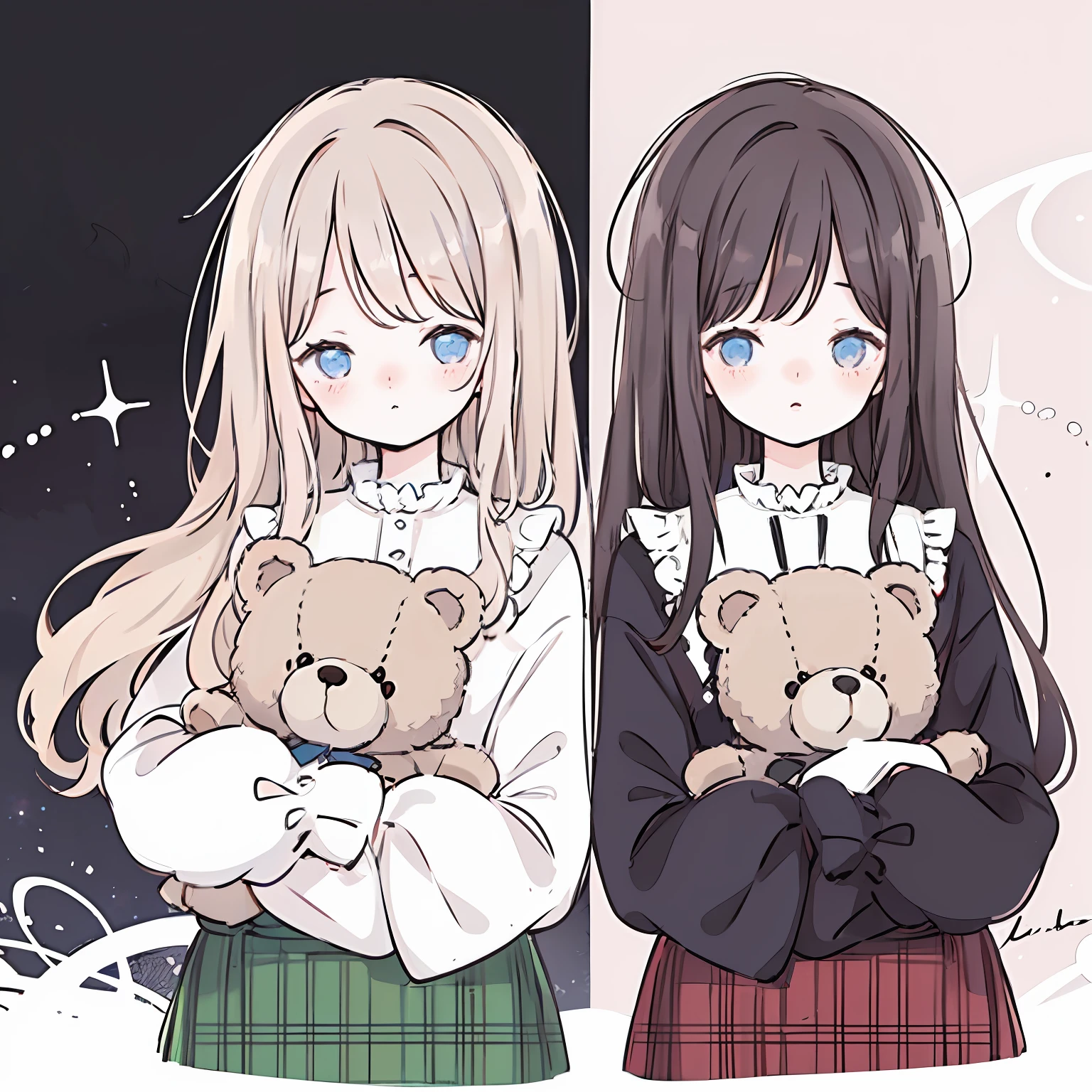 an anime-style illustration of two schoolgirls holding teddy bears. The girls should have long hair and wear white blouses with large bows and plaid skirts. The teddy bears should be light brown and look cute. The background should be a light pink color. Add the signature "kei to mo" at the bottom right corner of the illustration.