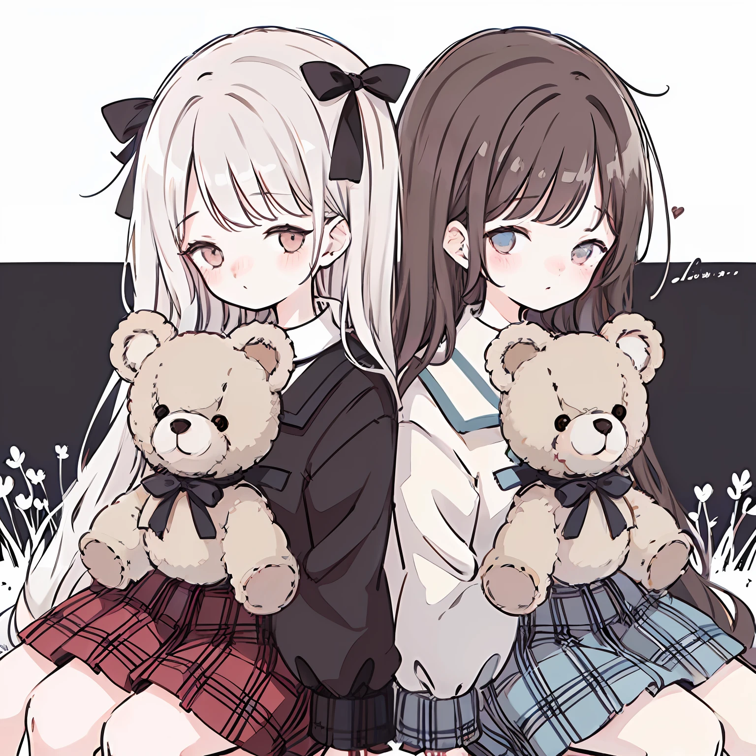 an anime-style illustration of two schoolgirls holding teddy bears. The girls should have long hair and wear white blouses with large bows and plaid skirts. The teddy bears should be light brown and look cute. The background should be a light pink color. Add the signature "kei to mo" at the bottom right corner of the illustration.