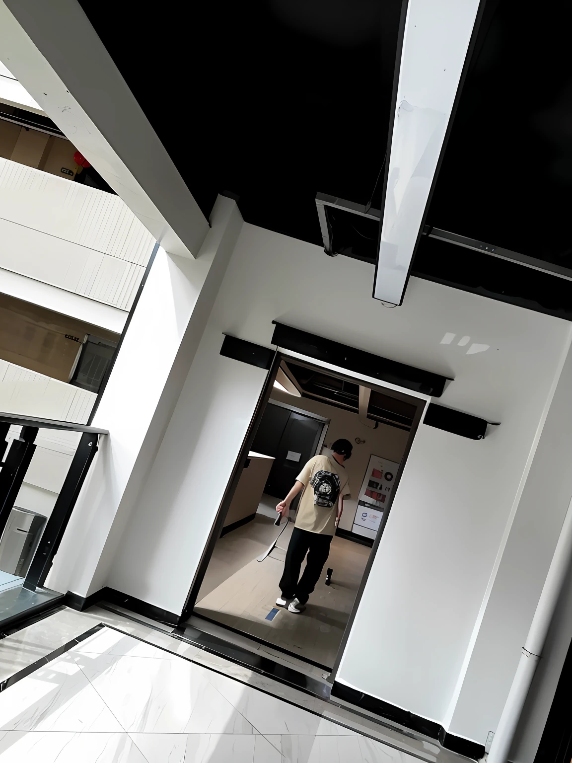 There was a man walking through a building on crutches, about to enter doorframe, in a japanese apartment, exiting store, Entrance, Inside the building, arhitectural shot, arhitectural shot, captured with sony a3 camera, shot with iphone 1 0, Interior of a building, theater access corridor, dramatic entry, indoor liminal space, shot on iphone, apartment hallway --auto