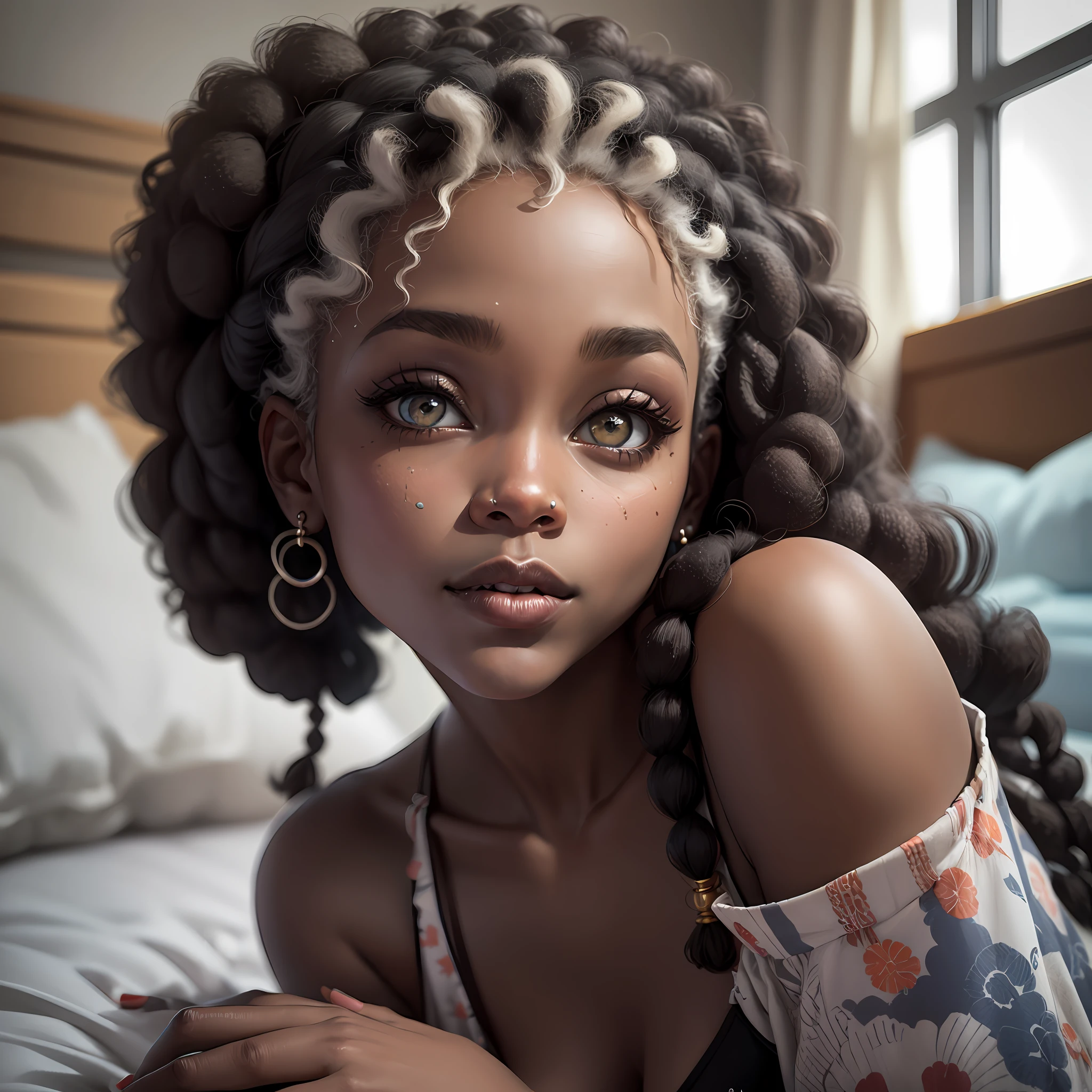 (uma menina preta bonita com olhos azuis+beautifull lips+afro braid:1.2) is in a room overlooking the beach. she is lying on the bed, Oeste --auto
