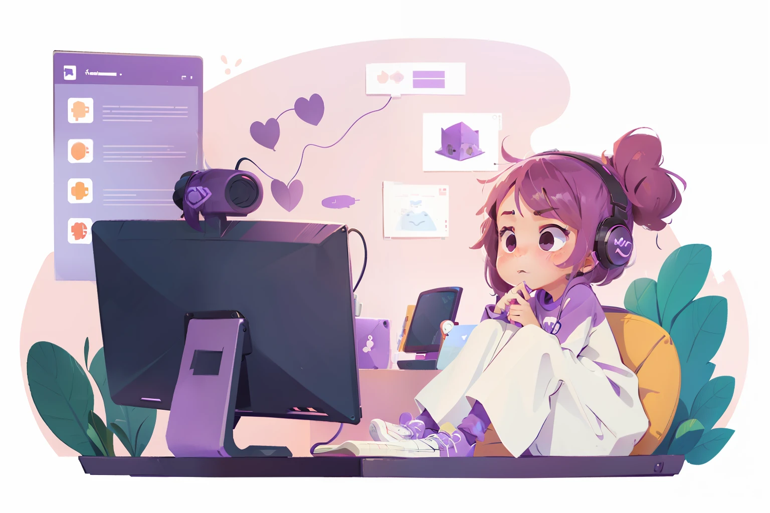 girl sitting using computer, girl with pensive face, live on twitch, gamer, wearing purple shirt