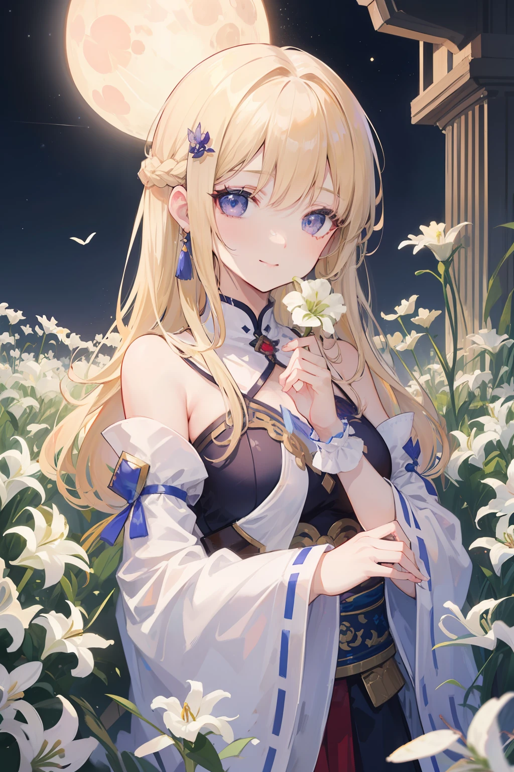 Guizhong\(GenshinImpact\), ((​masterpiece))), (((top-quality))), ((ultra-detailliert)), (illustratio), ((extremely delicate and beautiful)), Movie angle, (beautiful finely detailed eyes), (Detailed light), 电影灯光, detailed CG unity 8k wallpaper, ((ighly detailed)),(top-quality), astonishing, beautifuldetails, depth of fields, hight resolution, Amazingly fine details and brush strokes, Smooth and beautiful detailed eyes, (1 girl in)、bangss、Purple eyes、red blush、Detached sleeves、(Very blonde)、hair adornments、((half up))、((Very long hair))、tassels、Tassel Hair Ornament、Wide sleeves、(((Hands on the sleeve))))、[[Multiple fingers]]、(paler)、(seducting smile)、(Huge cuffs)、 ((a moon))、(moonlights)、(starrysky)、(stele)、((intergalactic))、(lighting particle)、foggy、yuki、(Sea of white lilies)、 (painterly)、(Sketched)、(Bloom)