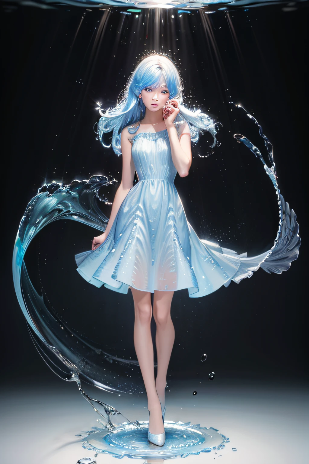 (masutepiece, Best Quality, High quality, hight resolution, Ultra-detailed), 1girl in,Solo,light_Blue_hair,(liquid hair:1.2),liquid shoes,  Long hair,Floating hair, Full body, Standing,sundress, liquid clothes,Water Dress,  Best Quality, 8K, Detailed skin texture,  beautifull detailed face, Intricate details, ultra-detailliert,Dancing,    Skirt_tail,