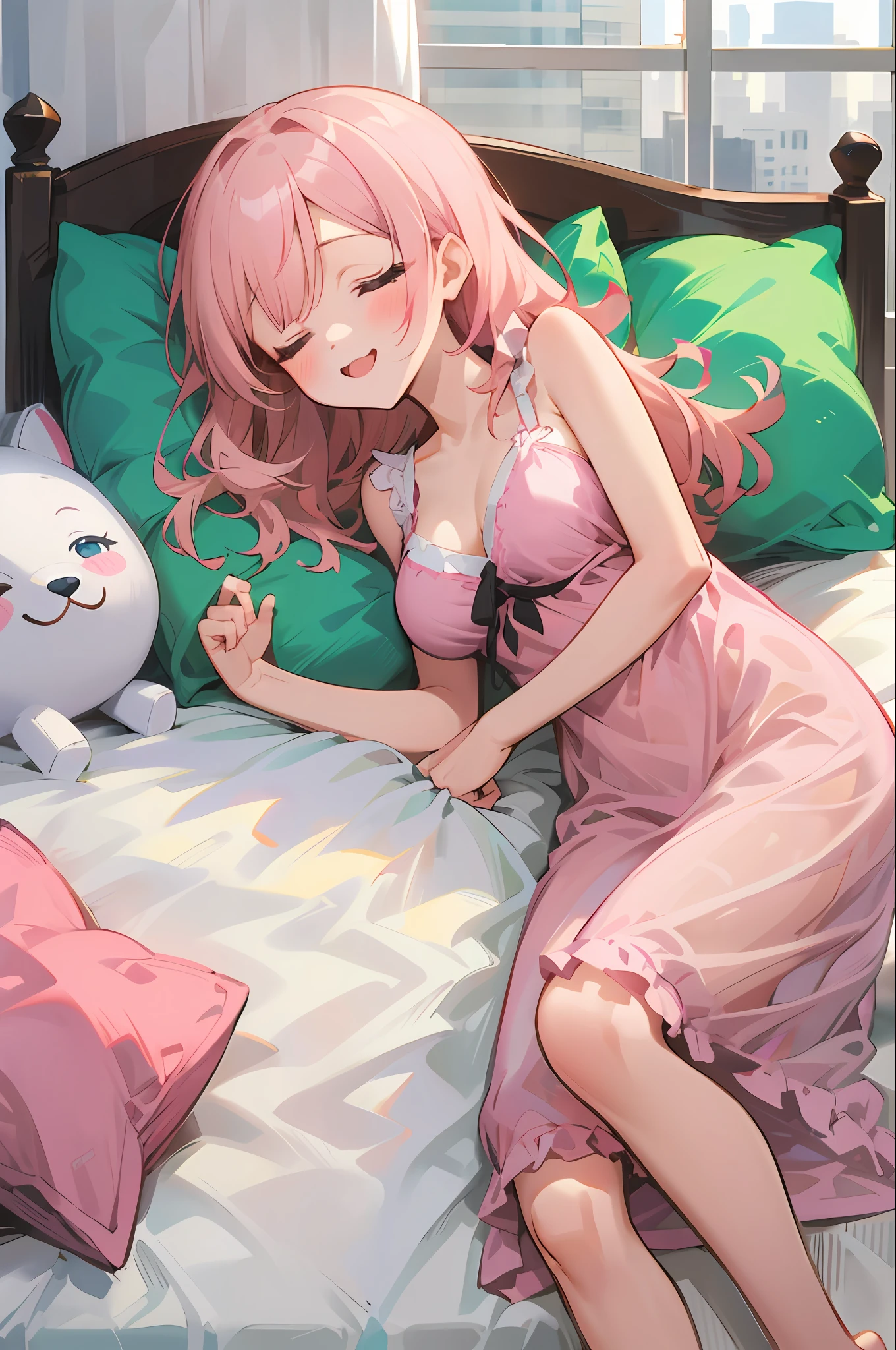 absurderes, hight resolution, ((masutepiece)), ((Best Quality)), (Ultra-detailed), ((Extremely detailed)), (Beautiful), ((Kawaii Girl)), (Lori:1.7), 独奏,14years、Beautiful face, full body Esbian、shiny long pale pink hair、Slender girl with moist hair, (medium breasts:1.6)、BREAK、(High Quality Cute Pink Pale Nightgown:1.3)、The upper part of the body、Cute sleeping face、Apartments in high-rise buildings、You can see the beautiful night view from the large window.....、Curl up and sleep in a cute bed、See more、no-bra、Hide the chest with hair、dim room、Disheveled clothes、breasts open、There is a big stuffed animal、