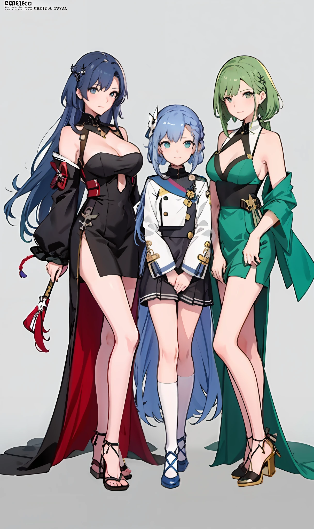 Three women dressed in green and white pose for a group photo, 《azur lane》role, Official artwork, Anime girls, Guweiz in Pixiv ArtStation, Elves, high detailed official artwork, offcial art, Pisif 3DCG, at pixiv, Pisif, Guviz, azur lane style, eechi, :: rossdraws, Genshin