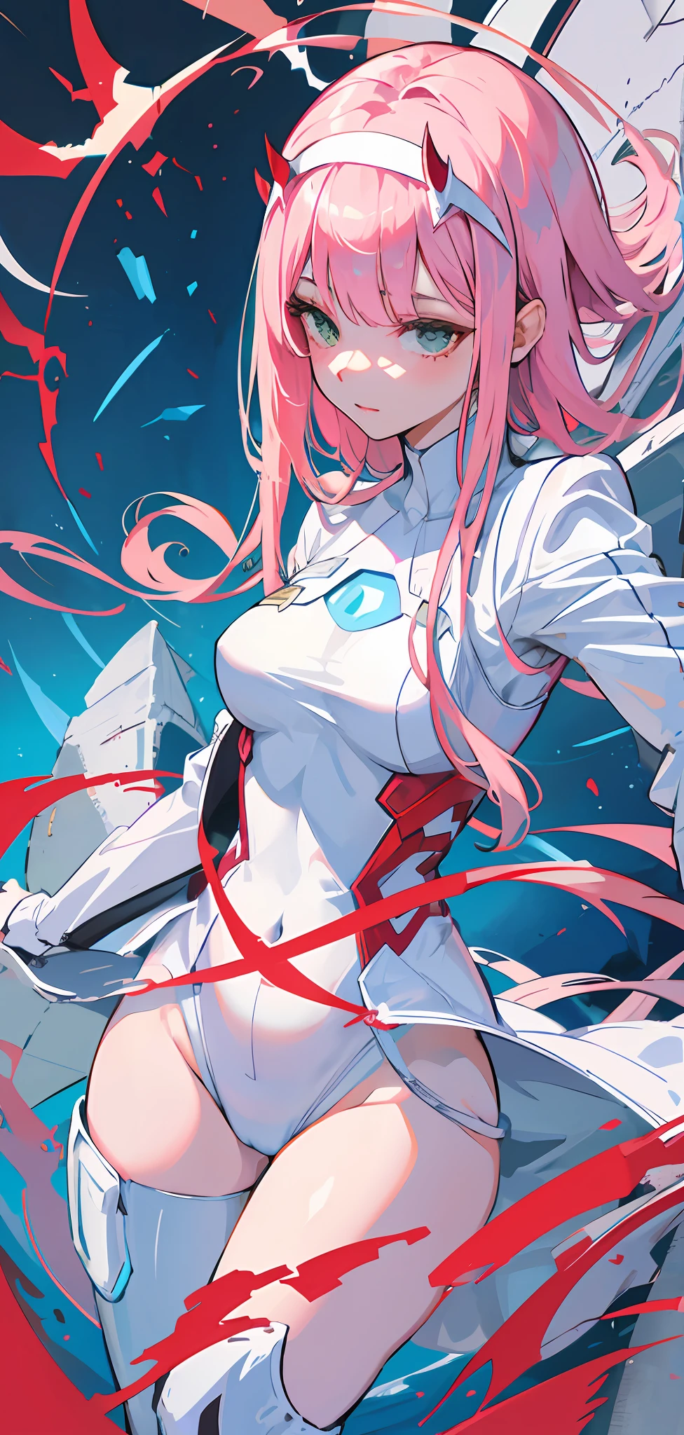 Zerotwo\（Dear in Franks\）， Dear in Franks， 1girll， By bangs， nip， shadowing， Green eyes， The hair is behind the head， banya， long whitr hair， looking at viewert， upper legs， putting makeup on， little breast， pilotsuit， white business suit， Pink hair， Red Eyeshadow， scientific fiction， taut skin， 独奏，比基尼，Long spread legs，pink panty