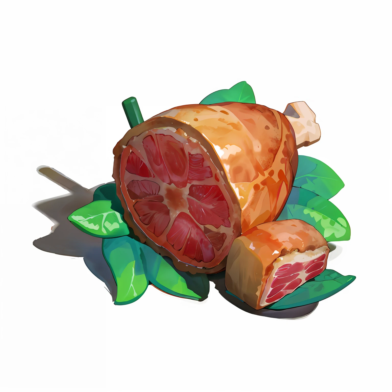 A delicious ham is placed on the leaves,The surface has an oily finish,Nice light and shadow,3Drenderingof,highly accurate,Extreme finesse