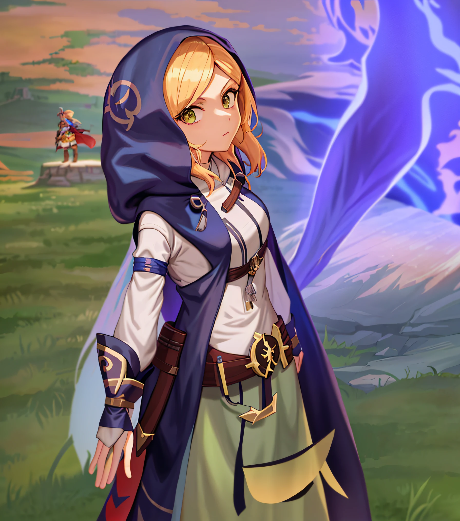 Anime - style of depicting a woman in the field, in a cloak on a blown up plain, botw style, Adventurer Outfit Big Cloak, wearing adventure gear, sage ( valorant ), Toucan-based wizard mantle, genshin impact character, Fashion for JRPG, Breath of Wild Style, wearing mage robes, genshin impact style