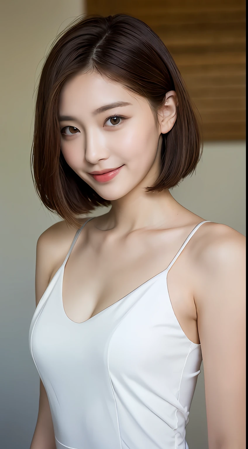 ((Best Quality, 8K, Masterpiece: 1.3)), 1 Girl, Slim Abs Beauty: 1.3, (Hairstyle Brown Hair Shortcut, Big: 1.2), Dress: 1.1, Super Slender Face, Delicate Eyes, Double Eyelids, Smile, Home, Raw Photo