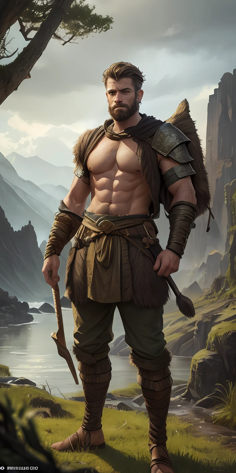 male focus, Full body like,High detail fantasy portrait oil painting illustration of a rugged stoic savage Justin Sweet with( Face and body:1.3) Clearly visible, In a scenic background, The pupil is visible, Realistic proportions, d&d, Forgotten lands, artstation trending, High best quality, Gloomy mood, artstation trending, Pastel colors, No crops, The whole person is visible