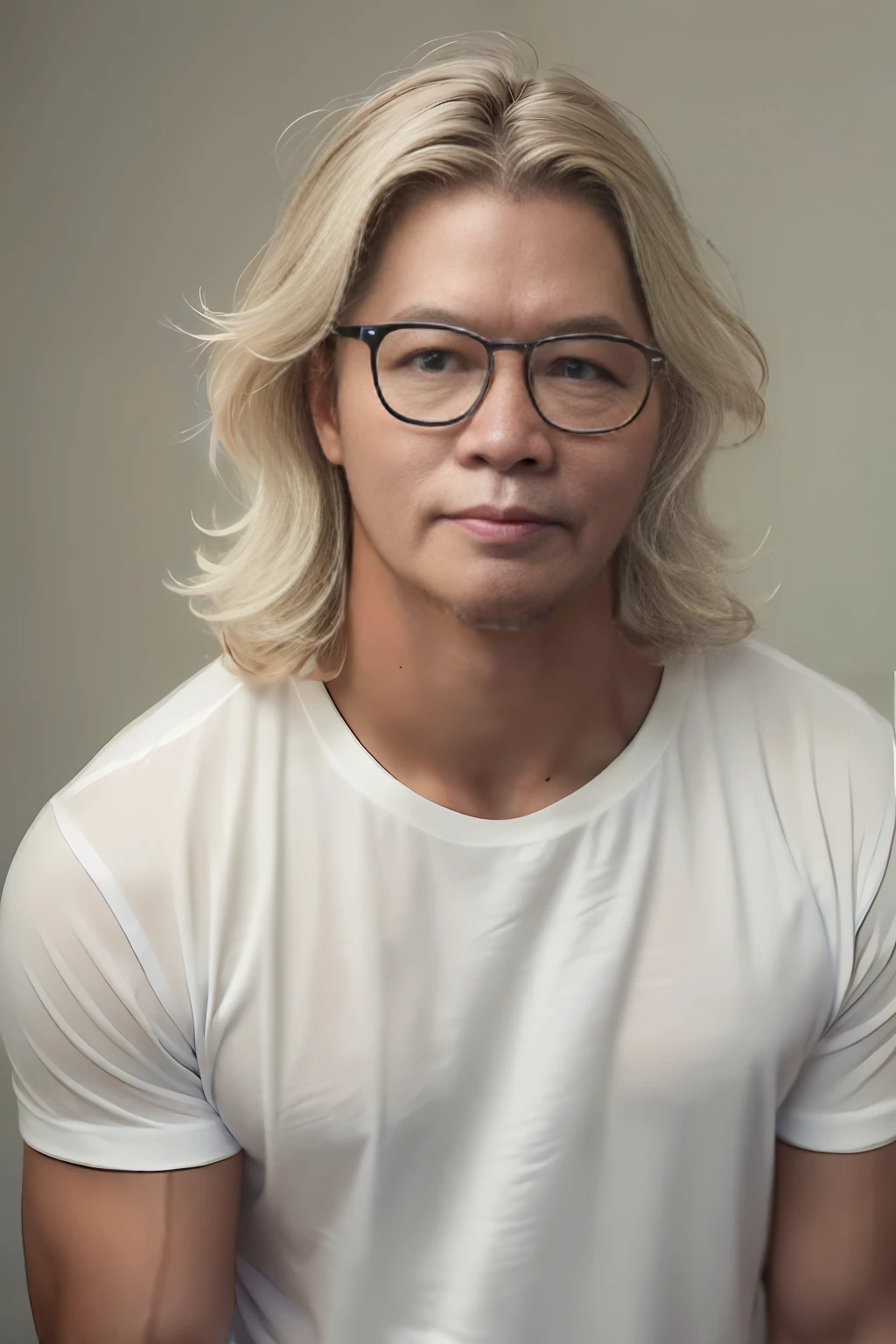 (Short haired brunette man poses for a photo:1.5), (Wear a blue shirt:1.5),Wearing glasses, Tight shirt, wearing tight shirt, Short black hair, Wear a blue T-shirt, Open V chest clothes,