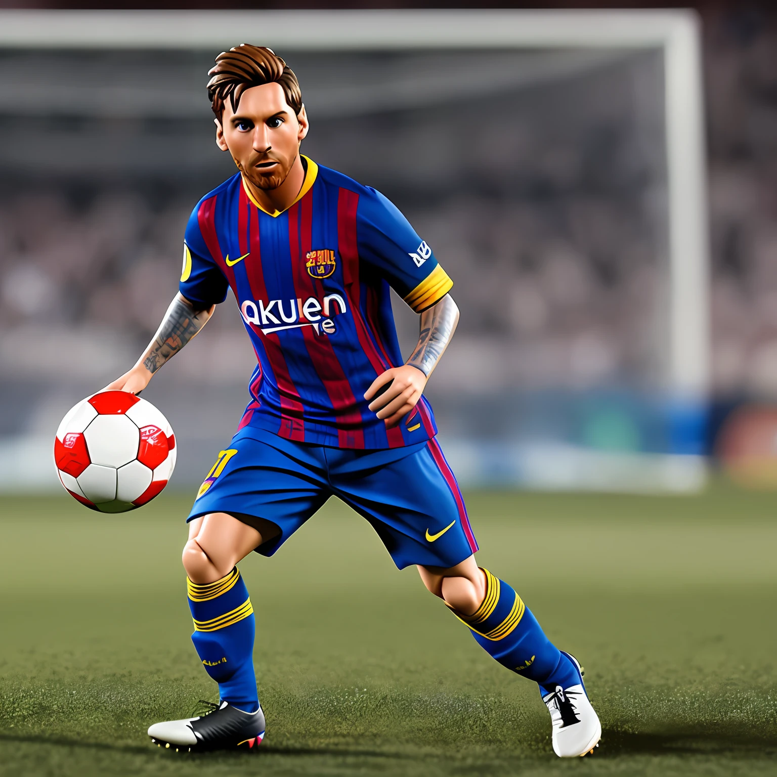 Leo Messi action figure with accessories such as a soccer ball, hyper-realistic photography, taken with a professional camera, depth of field, 8k