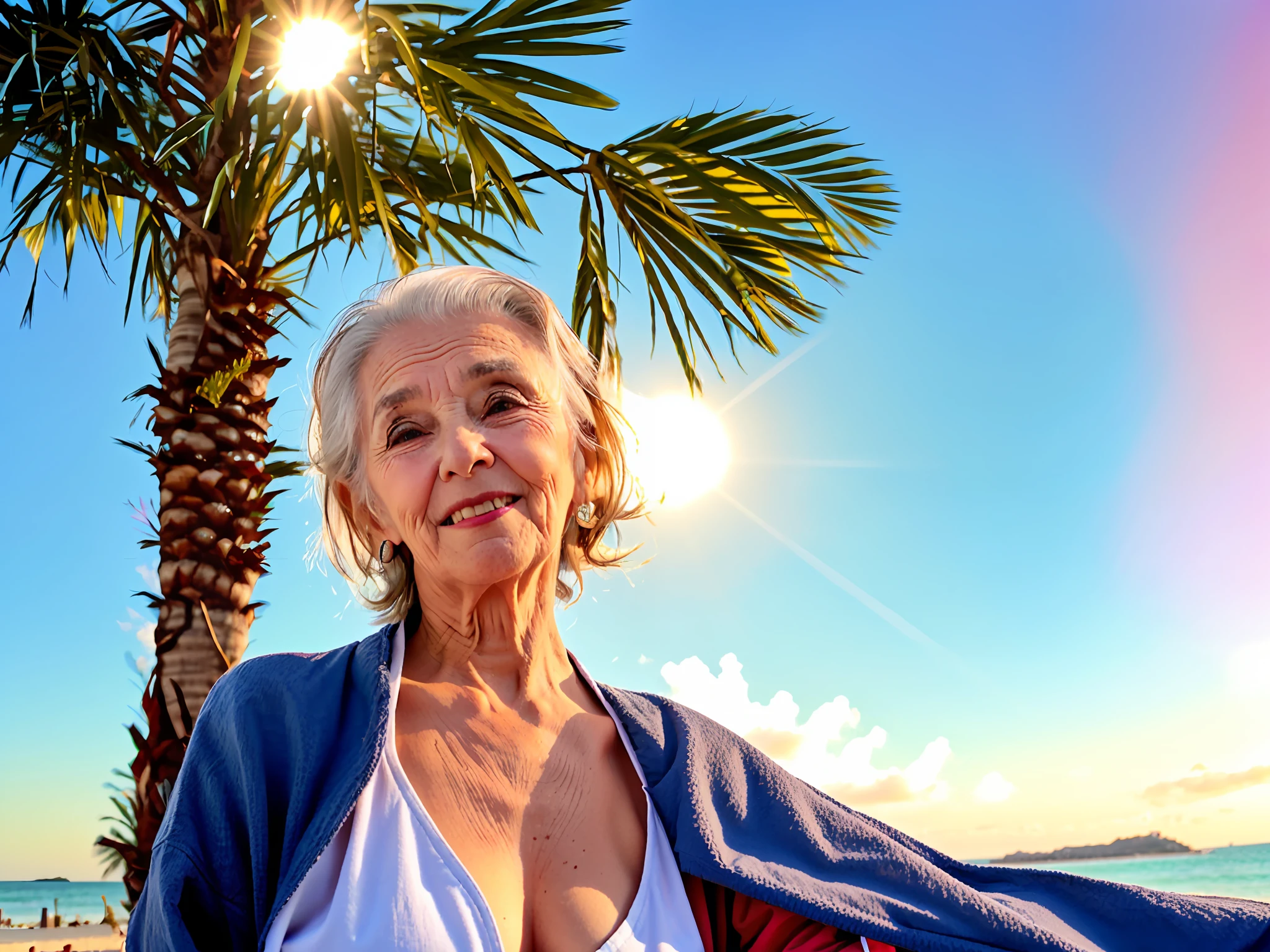 Old woman in winter jacket, posing for a picture with a palm tree, 80 yo, near the beach,