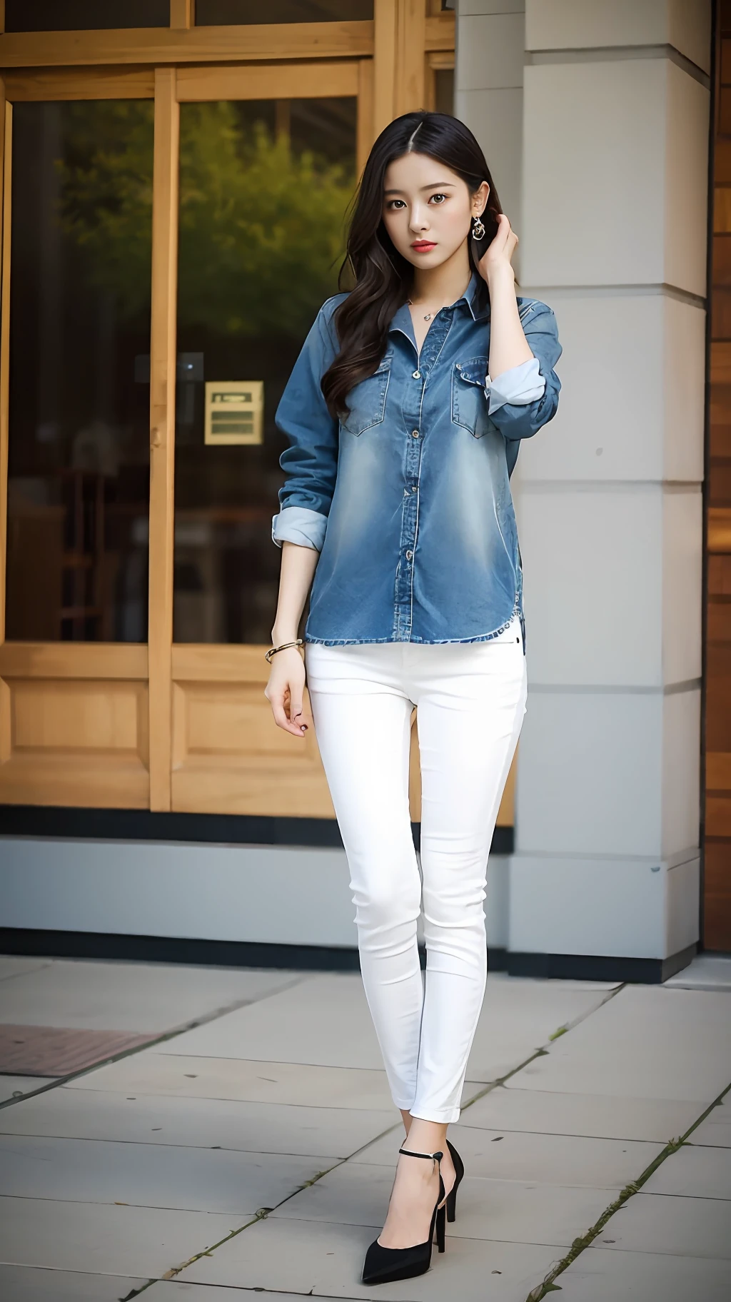 one-girl，Works of masters，HighestQuali，Highest image quality，8K分辨率，A beautiful 20-year-old girl，whitet-shirt，Blue skinny jeans，Black heels