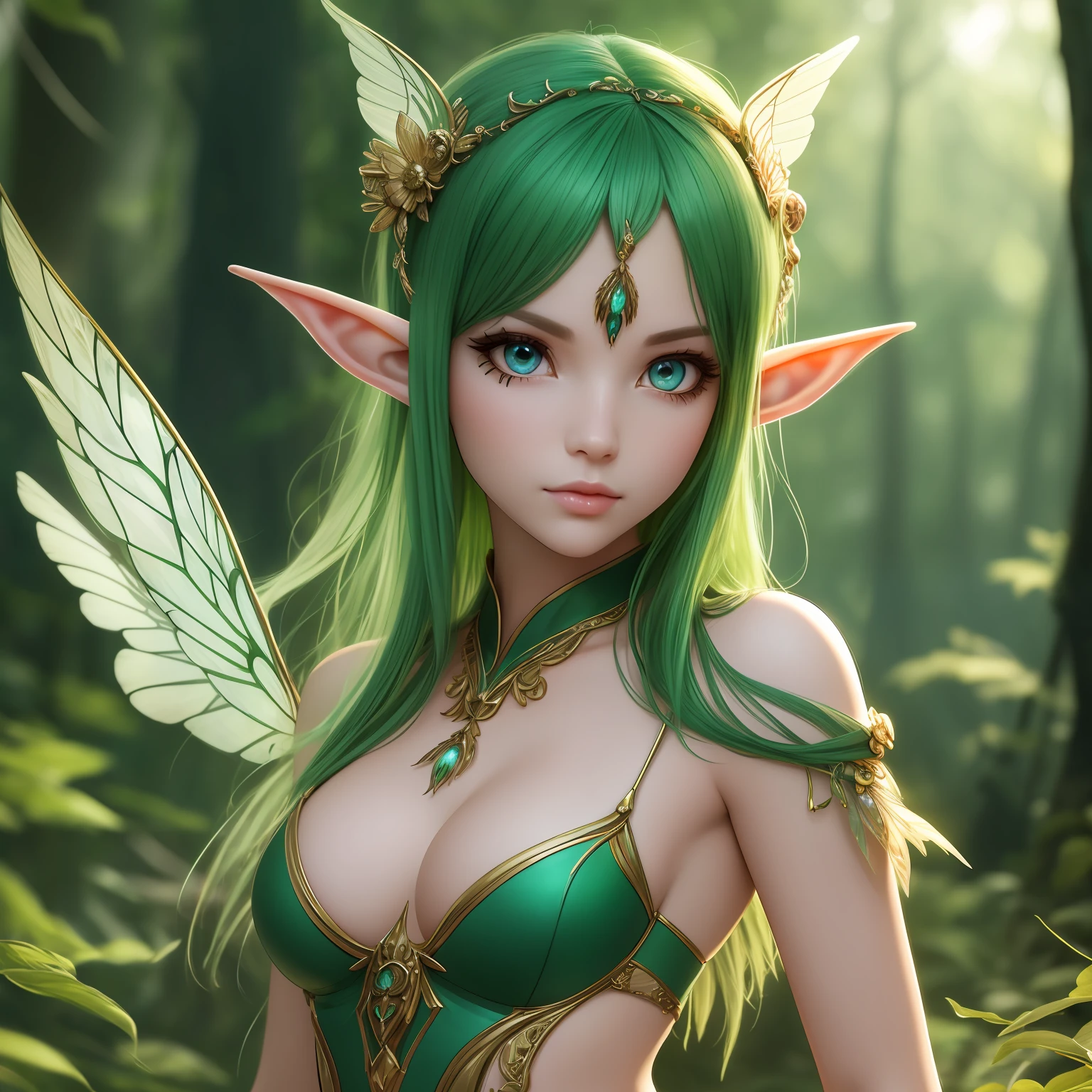 Full Body Portrait, Forest Elf, (Best Quality, 8K, Masterpiece: 1.3), Green Hair, Petite Body, (Beautiful Detailed Eyes), (Super Detail), (Desktop Wallpaper), (Detailed Face), Ray Glow, Optical, Panoramic Illumination, Atmospheric Perspective, Dawn, Anti-Aliasing: 5D, Light Painting, Color, Beautiful Face, Perfect Body Beauty: 1.4, Clear Facial Features, Symmetrical Transparent Wings, Stunning Details, NSFW: 1.07