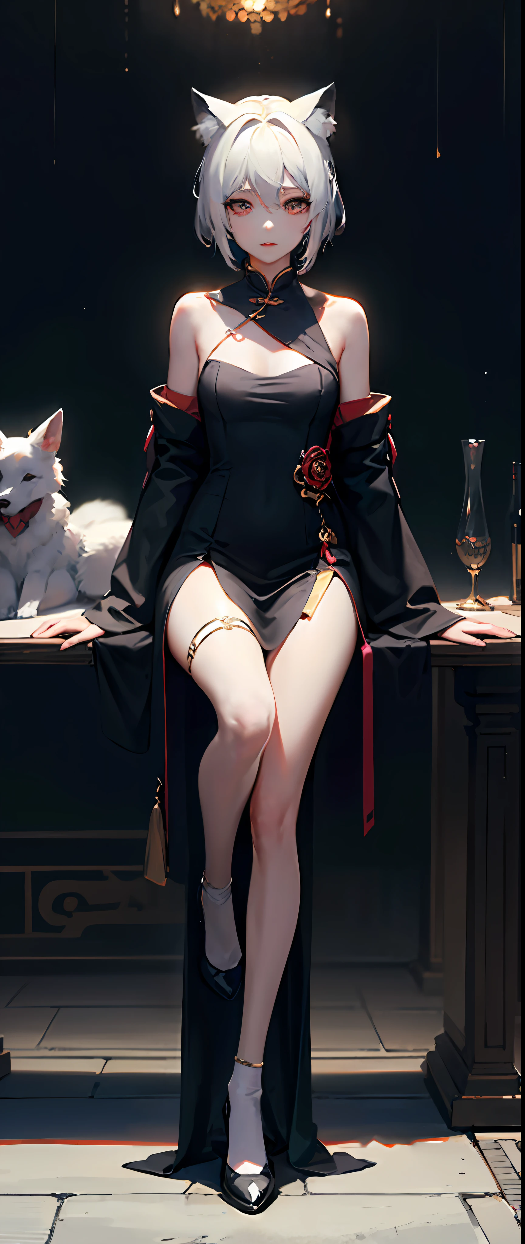 ((4k,masterpiece,best quality)), shuimobysim, lotuses, Hanfu, maxiskit, dress conservatively 1 girl, 独奏, White hair, fox ear, white colors, The fish,Beth,long leges,, --auto