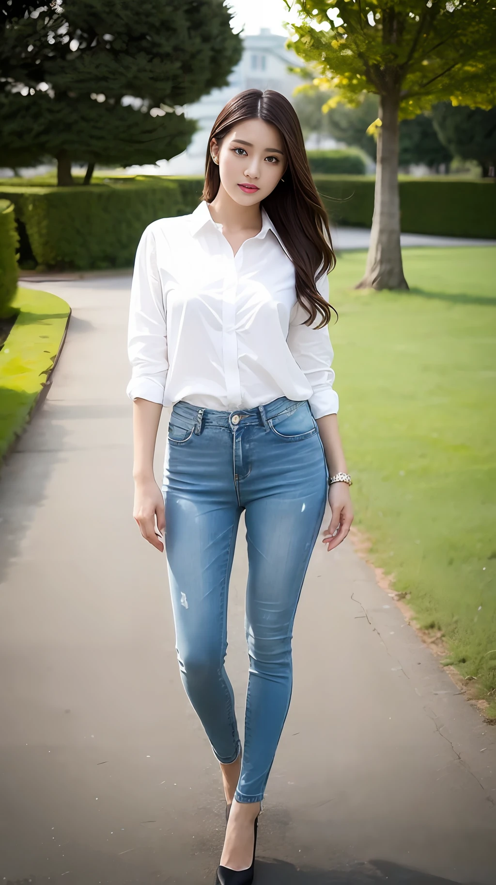 one-girl,Works of masters,HighestQuali,Highest image quality,8K分辨率,A beautiful 20-year-old girl,whitet-shirt,Blue skinny jeans,Black heels
