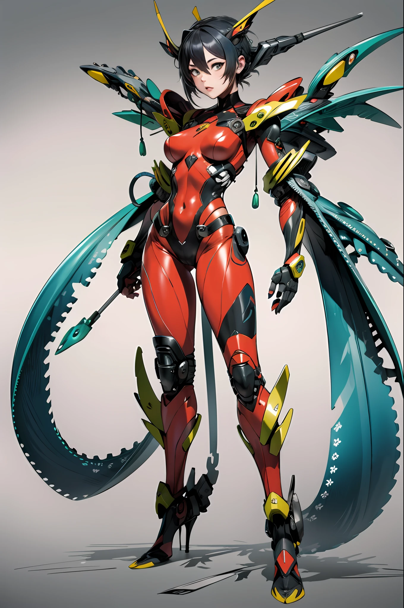 Cartoon photo of woman in green and red costume、Hot insect humanoid female、Guyver Style、NSFW version、Akame、