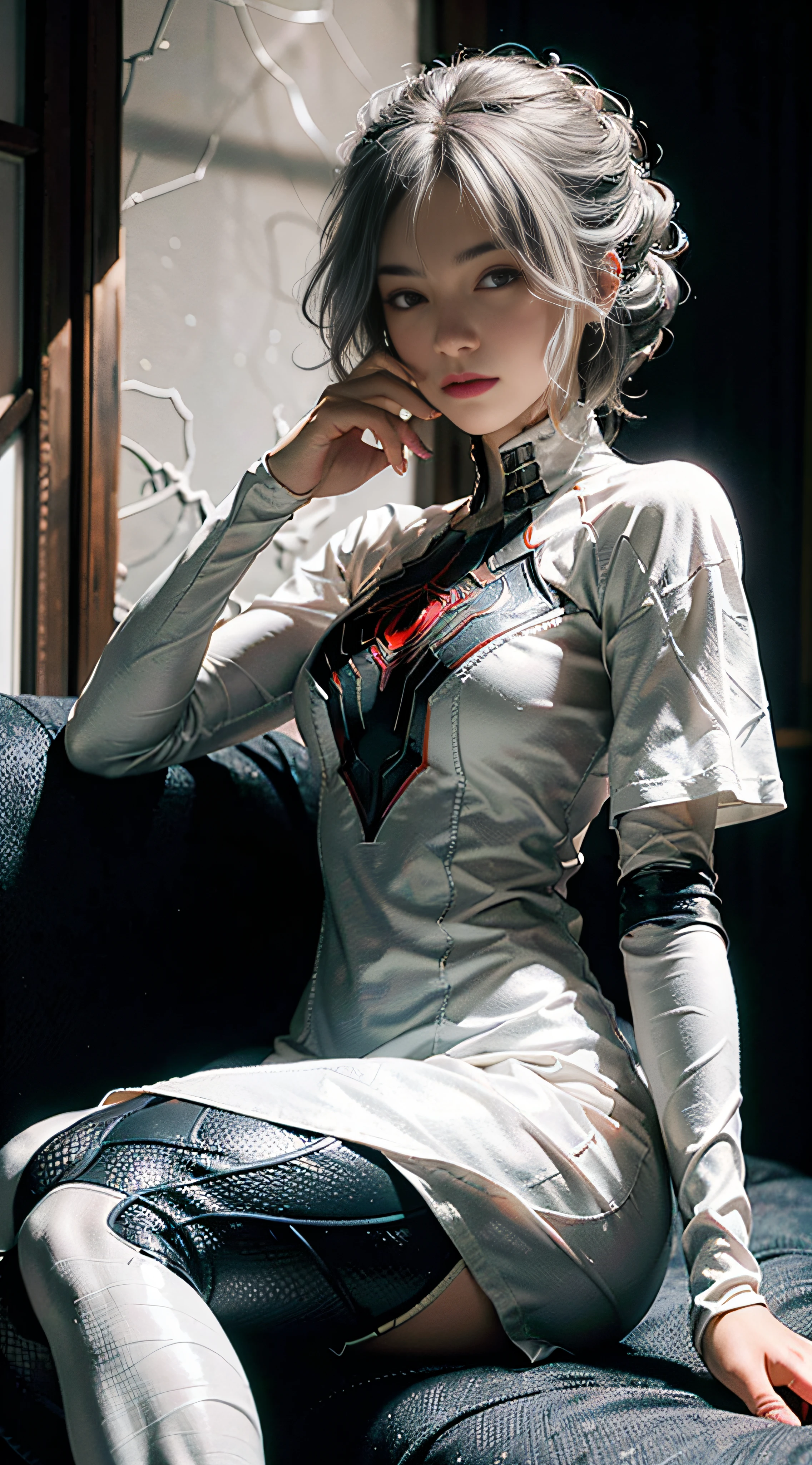 (Extreme Detail CG Unity 8K wallpaper, masterpiece, highest quality), (Exquisite lighting and shadow, highly dramatic picture, Cinematic lens effect), a girl in a white Spider-Man costume, silver gray hair color, from the Spider-Man parallel universe, Wenger, Marvel, Spider-Man, sitting on the couch, dynamic pose), (excellent detail, excellent lighting, wide angle), (excellent rendering, enough to stand out in its class), focus on white Spider-Man costumes, complex spider textures
