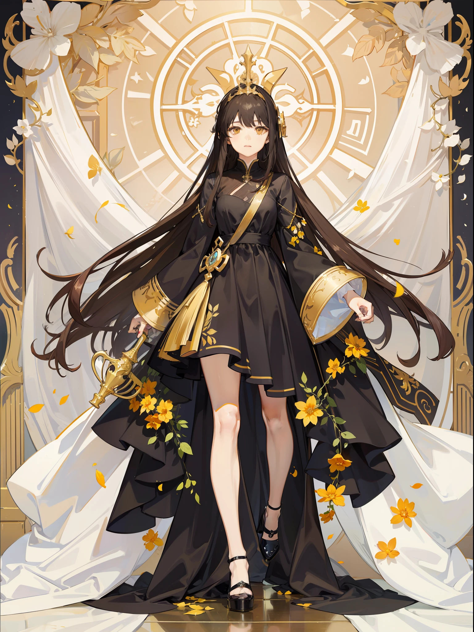 high-definition picture quality,high qulity,tmasterpiece,Character CG,Standing painting,curtain,Kizi,Severe brunette hair,Black dress golden flower,Holding a scepter,toplight,divino,Crystal fragments in the air,Soft hair,Dappled light and shadow,Rich in graphics,Saturated details,perfectly proportions,Conforms to anatomy,full body shot shot。