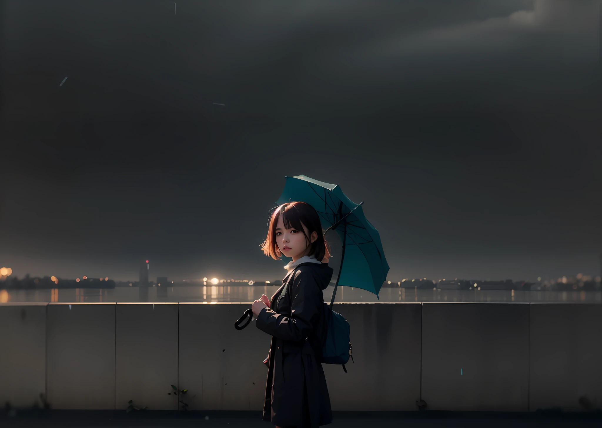 A woman stood on the bridge,Holding an umbrella, Anime style mixed with Fujifilm, Anime. Soft lighting, portrait of a japanese teen, Backlit girl in raincoat, in the style of makoto shinkai, raining portrait, Anime style. 8K, Makoto shinkai style, pretty girl standing in the rain, Makoto Shinkai's style