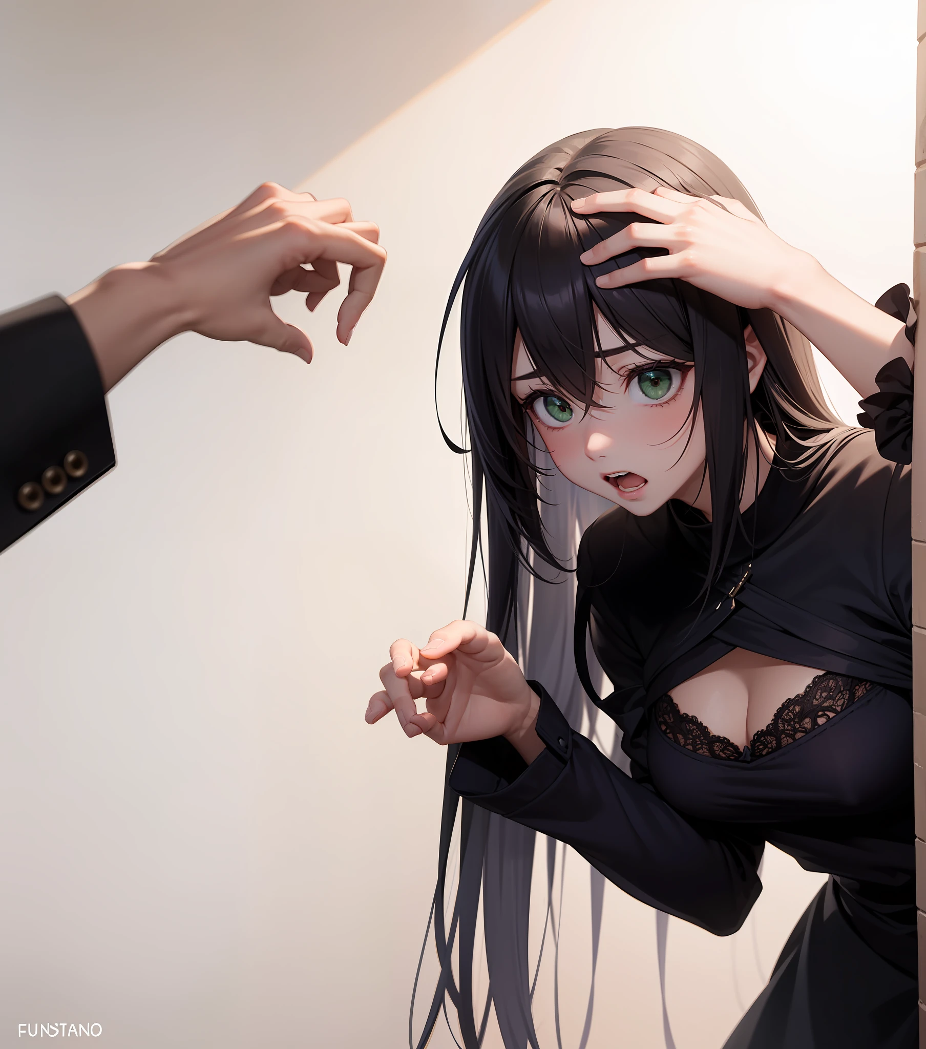 1 garota ajoelhada com medo, fear expression, panicked, Hand on face, head down, cabelo castanho escuro, olhos verdes detalhados, fundo preto, obra prima, realista, atmosfesra medieval.
