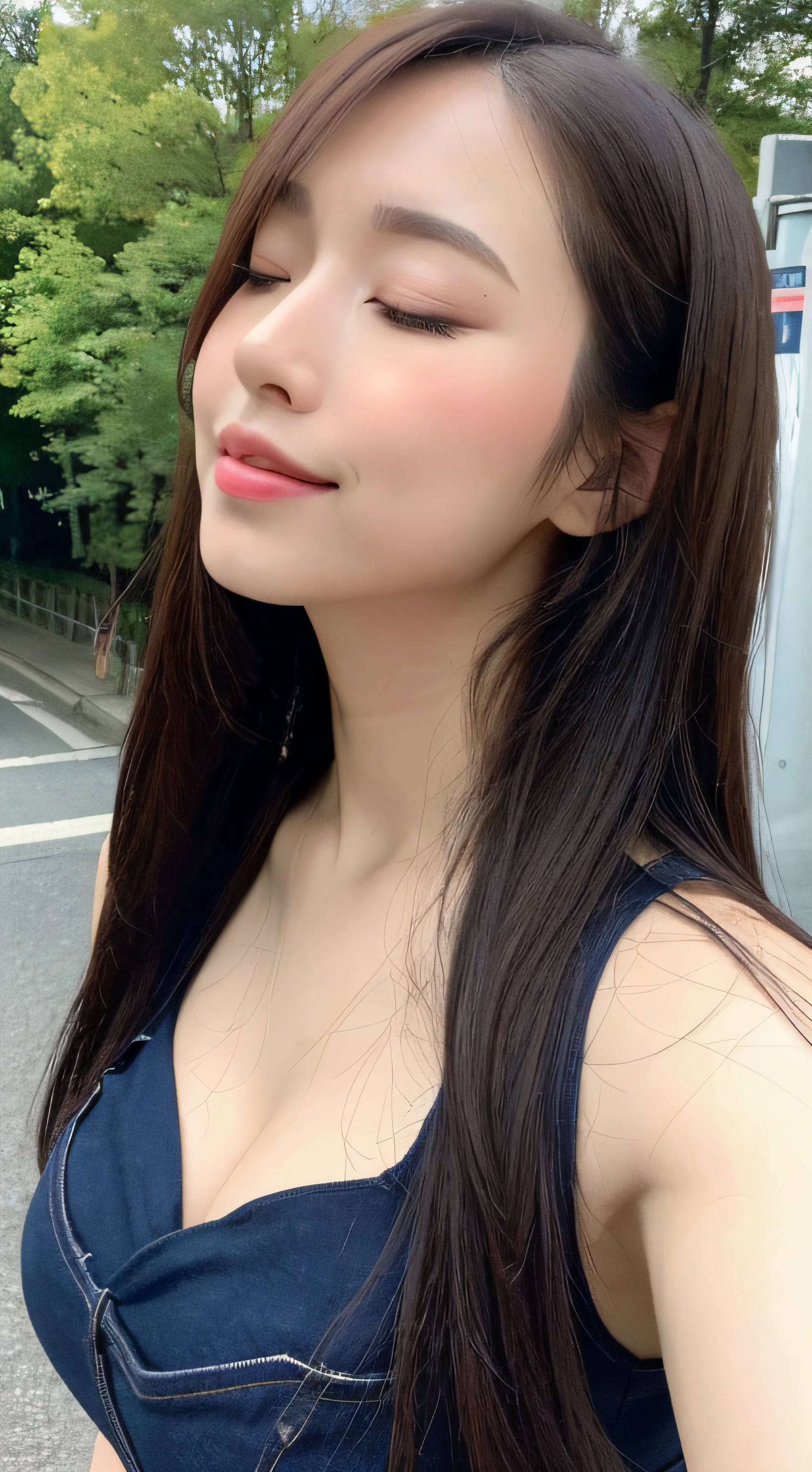 ((Top image quality、8K、masterpiece:1.3))、The upper part of the body(1.3)、爆乳(5)、Excellent style、Gentle face、Parallel eyebrows、A smile、natural make up、Clothing that emphasizes cleavage、During your morning commute、Refreshing、The tree々Cafe from between、((Closed eyes))、Give me a kiss、Angle from above、Put your arms forward、Beg for a kiss