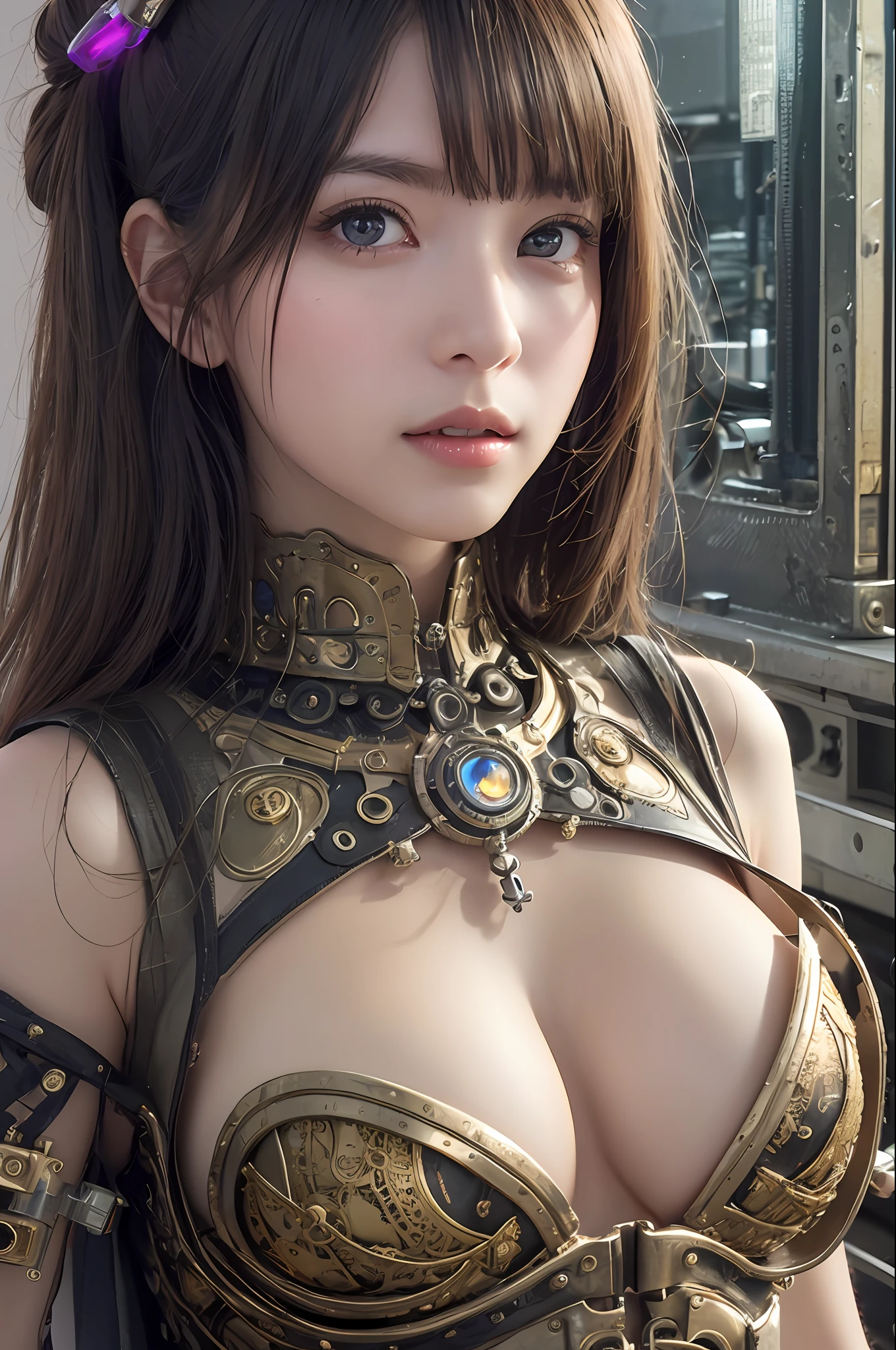 top-quality、masterpiece、超A high resolution、(Photorealsitic:1.4)、Raw photo、Black hair、glowy skin、1 Mechanical Girl、((super realistic details))、portlate、Global Illumination、Shadow、octan render、8K、ultrasharp、Colossal tits、Raw skin is exposed in cleavage、Steampunk Girl、metals、Details of complex ornaments、Gothloli details、Analog Meter、gear、screw、Golden hydraulic cylinder、highly intricate detail、Realistic light、CGSoation Trends、a purple eye、radiant eyes、Facing the camera、neon details、Mechanical limbs、blood vessels connected to tubes、Mechanical vertebrae attached to the back、mechanical cervical attaching to neck、sitting on、Wires and cables connecting to the head、Small LED lamp、The background is steampunk city、