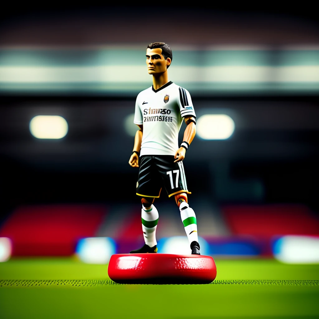 Cristiano Ronaldo action figure with accessories such as a soccer ball, hyper-realistic photography, taken with a professional camera, depth of field, 8k