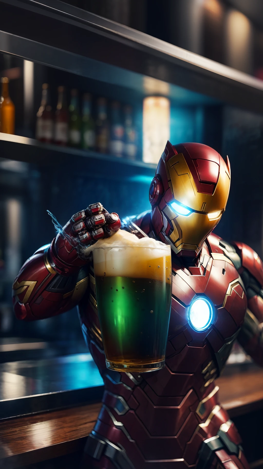 "(((masterpiece))), ultra-detailed, incredible depiction of a muscular green iron-man who is drinking a beer and dancing energetically inside a bar, high-resolution CG unity 8K wallpaper with dynamic animations and vibrant colors."