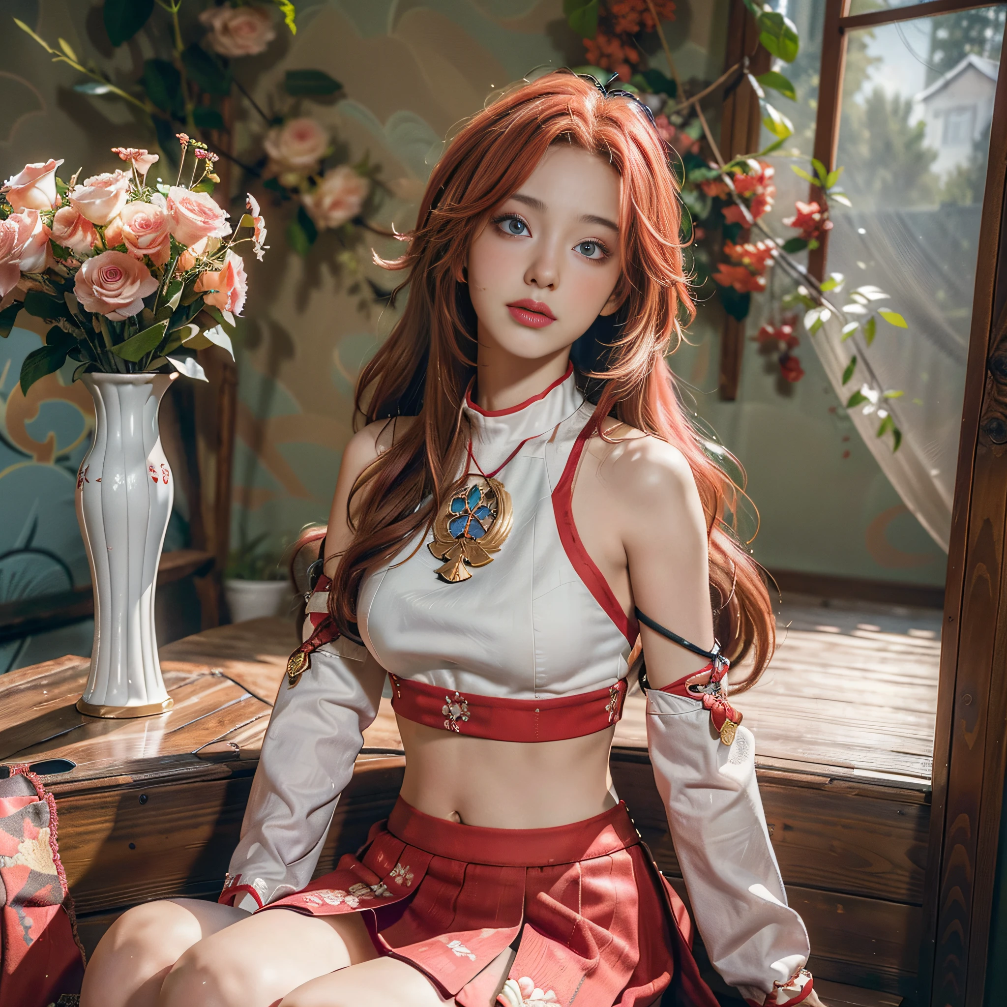 ((nilou_Realistic)),((Beautiful face)),(Sitting on the sofa:1.2), 1 girl,(navel), (Red long hair, double tails, Skirt,Crop top, Long sleeves), (Upper body),(Realistic:1.7),((Best quality)),absurderes,(超高分辨率),(Photorealistic:1.6),Photorealistic,rendering by octane,(Hyperrealistic:1.2), (photo-realistic face:1.2), (8K), (4K), (Masterpiece),(Realistic skin texture), (illustration, Cinematic lighting,the wallpaper),( Beautiful eyes:1.2),((((Perfect face)))),(Cute),((view the viewer)),Indoors,Living room, vases, Flowers,sofe, decorations,Hands on your back，Do not show your hands