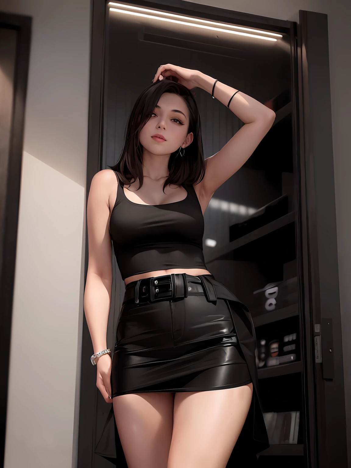 Allard woman in a black blouse and black skirt, wearing a black cropped tank top, wearing a cropped black tank top, she is wearing a black tank top, skinny waist and thick hips, photo of slim girl model, wearing sexy cropped top, tight black tanktop, photo of slim girl, Black top, wearing black camisole outfit