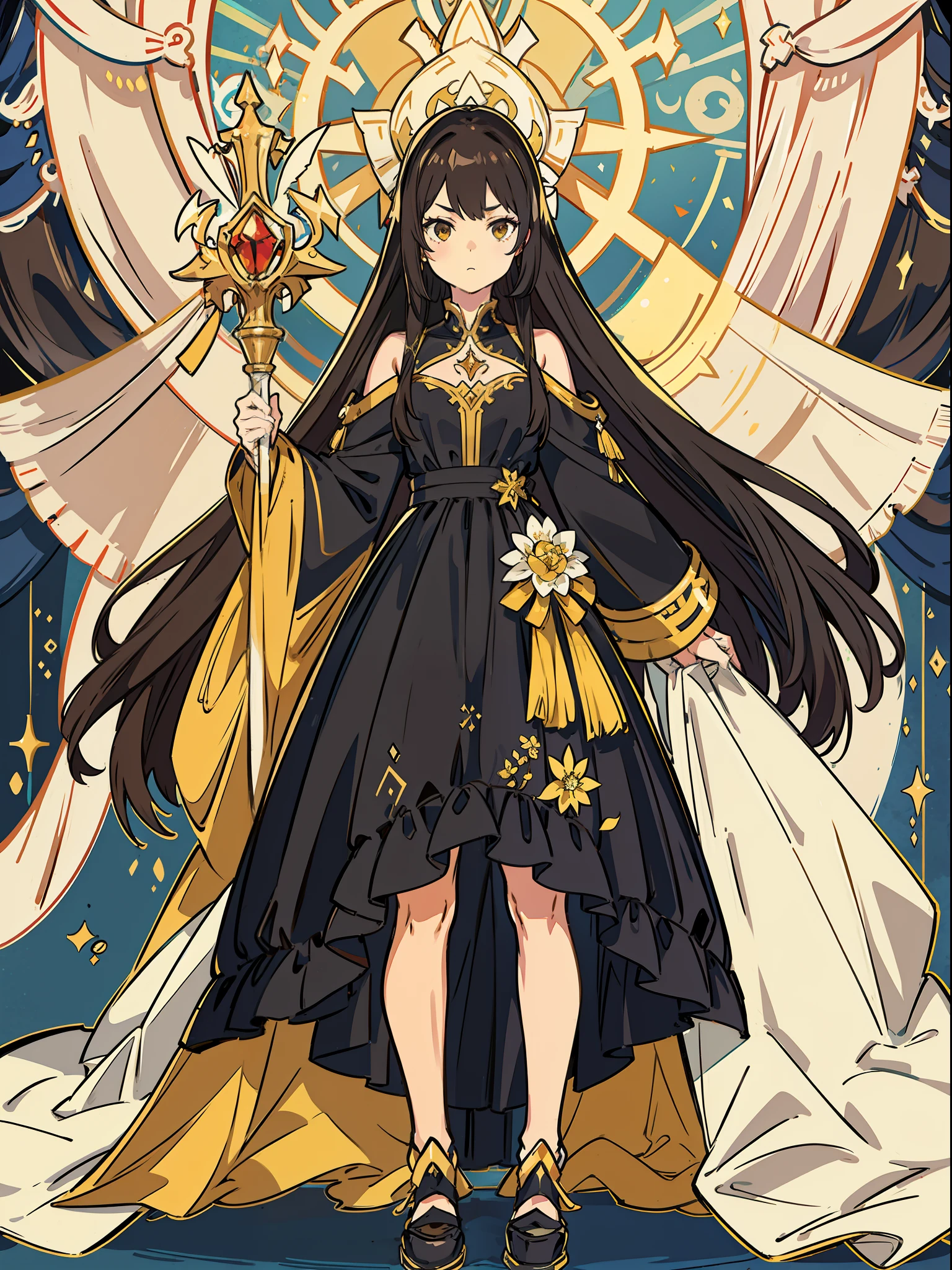 high-definition picture quality,high qulity,tmasterpiece,Character CG,Standing painting,curtain,Kizi,Serious brunette hair,Black dress golden flower,Holding a scepter,toplight,divino,Fragments of crystals in the air,Soft hair,Dappled light and shadow,Rich in graphics,Saturated details,perfectly proportions,Conforms to anatomy,full body shot shot。