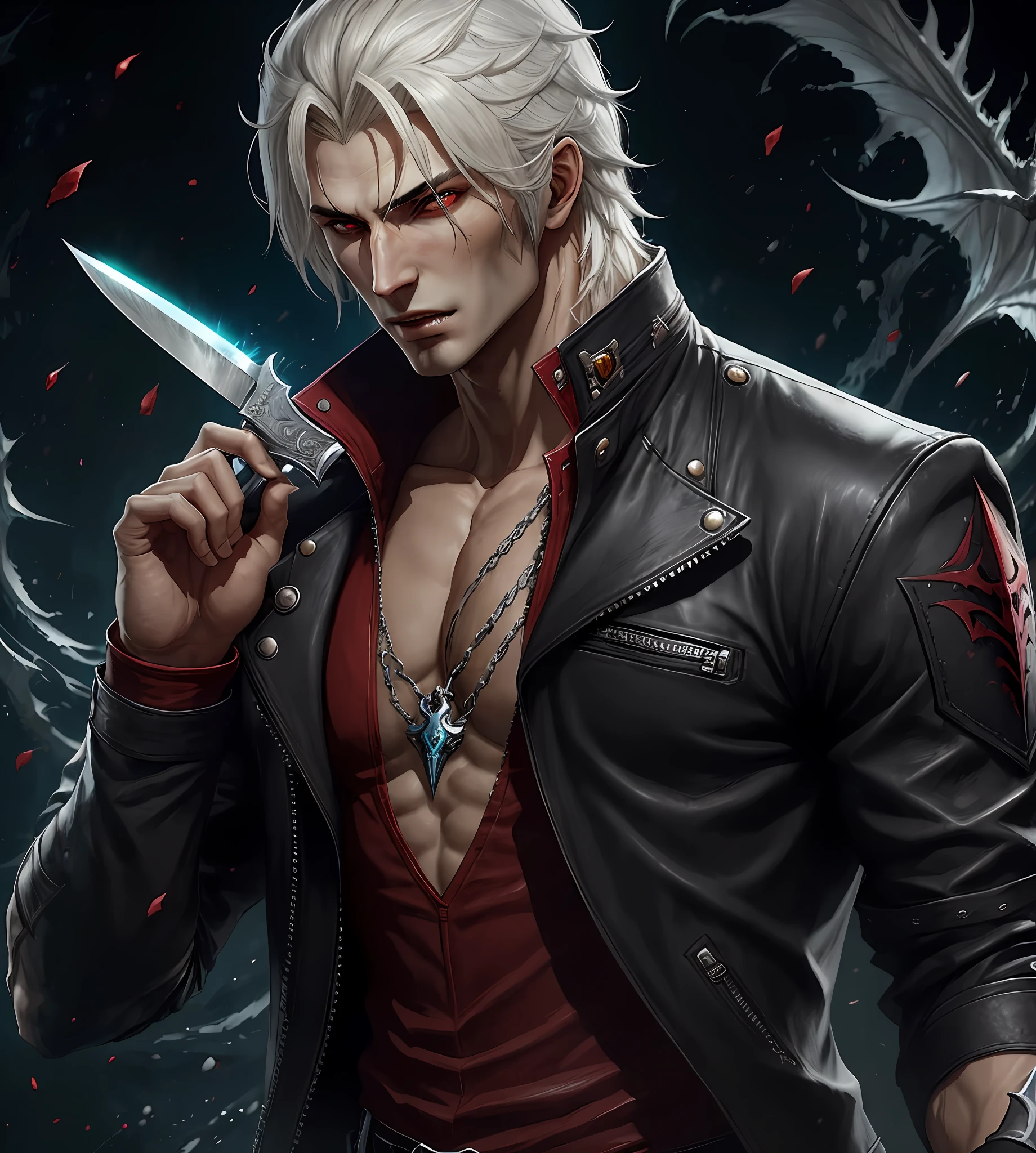 Close-up of a person wearing a leather jacket holding a knife, Fils de Sparda, Seigneur vampire, Male vampire of the Banu Haqim clan, Beautiful male god of death, Thancred Waters dans le style de WLOP, Alucard, Male vampire, par Yang J, En tant que personnage dans Tekken, Vampire du clan Lasombra, De NCSOFT