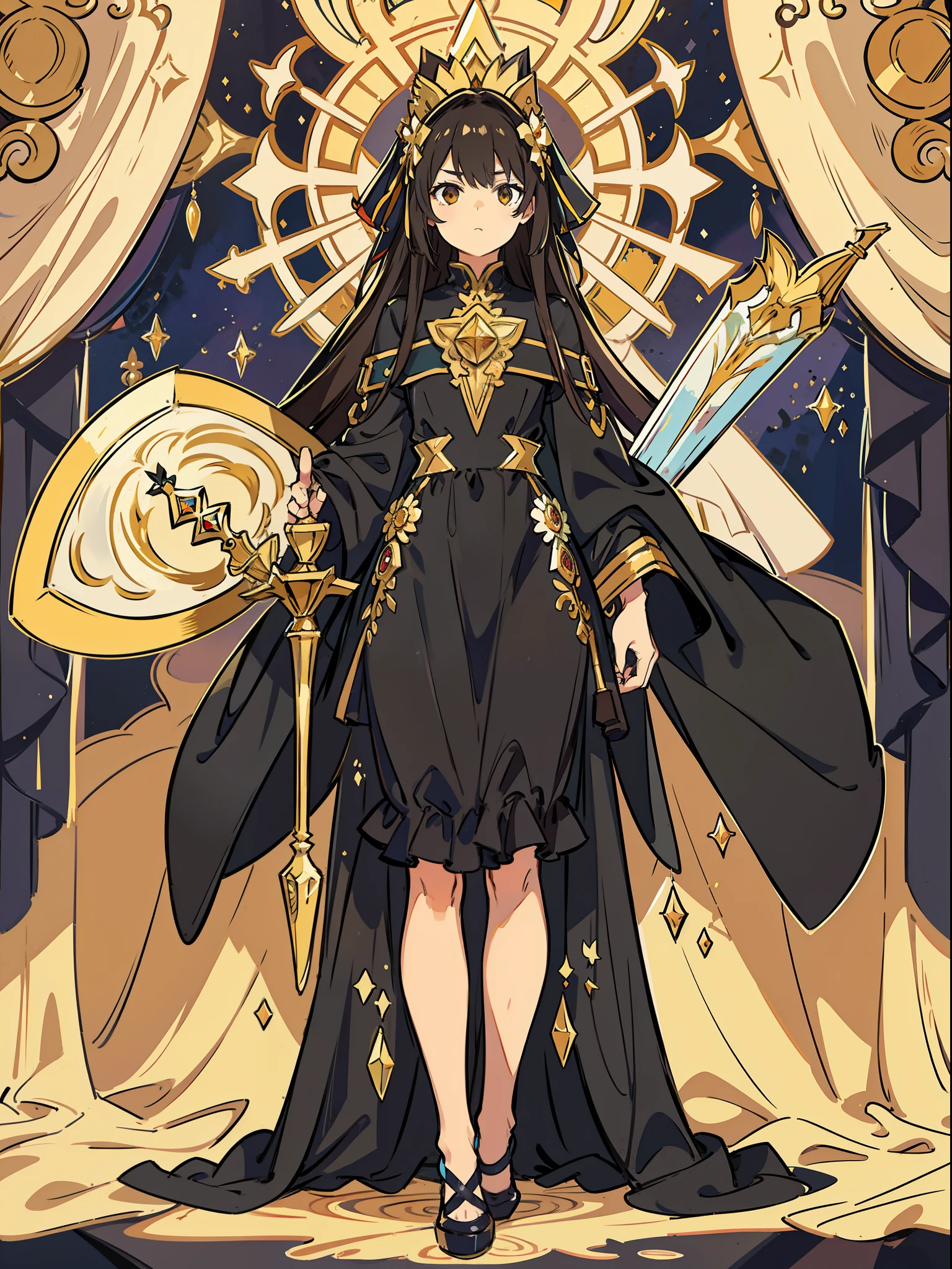 high-definition picture quality,high qulity,tmasterpiece,Character CG,Standing painting,curtain,Kizi,Serious brunette hair,Black dress golden flower,Holding a scepter,toplight,divino,Fragments of crystals in the air,Soft hair,Dappled light and shadow,Rich in graphics,Saturated details,perfectly proportions,Conforms to anatomy,full body shot shot。