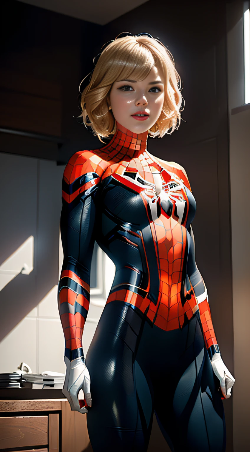 (Extreme Detail CG Unity 8K wallpaper, masterpiece, top quality), (exquisite lighting and shadows, very dramatic images, cinematic lens effects), girl in white Spider-Man costume, blonde hair color, Spider-Man parallel universe, Wenger, Marvel, Spider-Man, sitting on the sofa, dynamic pose), (excellent detail, excellent lighting, wide angle), (excellent rendering, enough to stand out in its class), white Spider-Man costume, focusing on complex spider textures