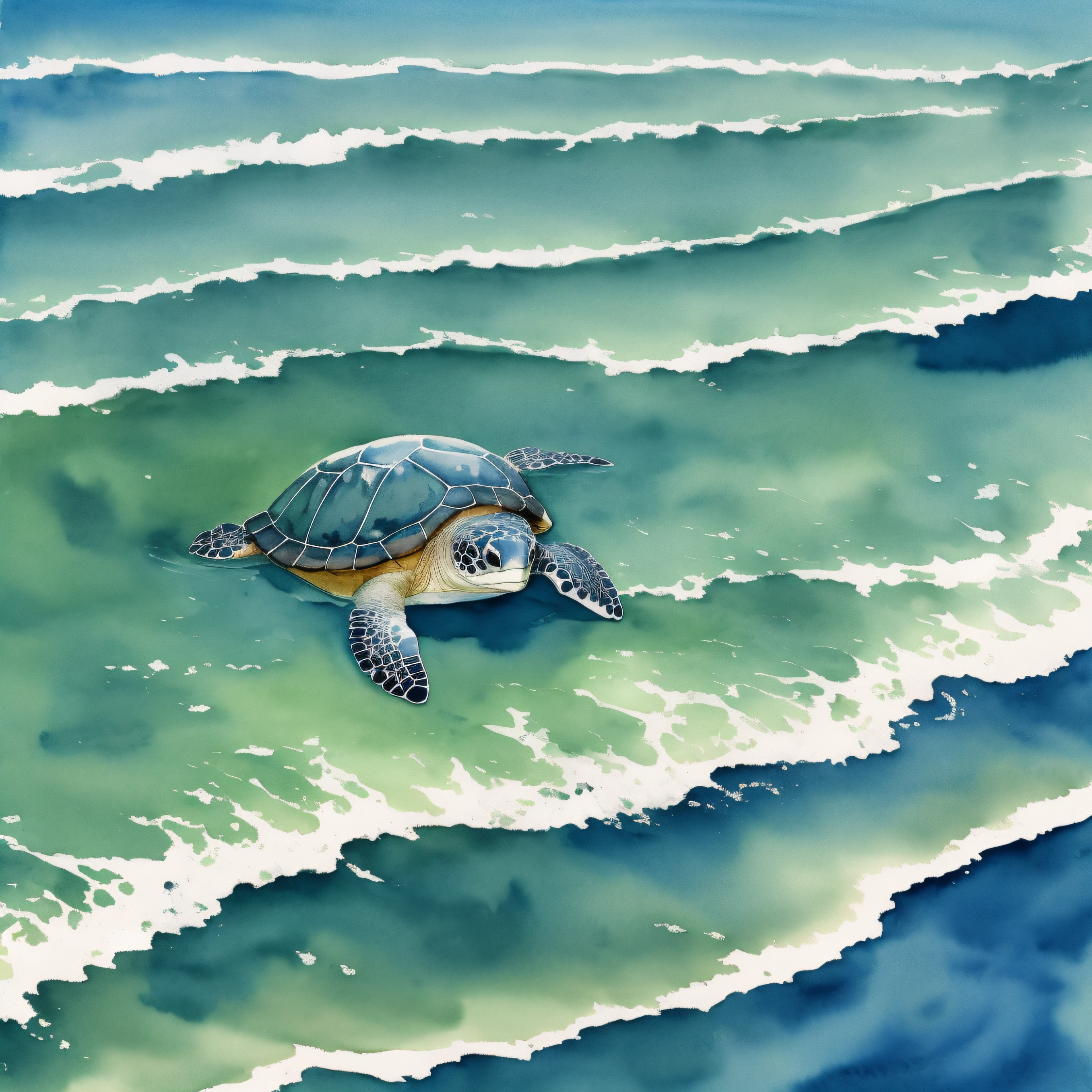 A blue sky with the sun in watercolor, a lone sea turtle lolling on the surface of the sea,