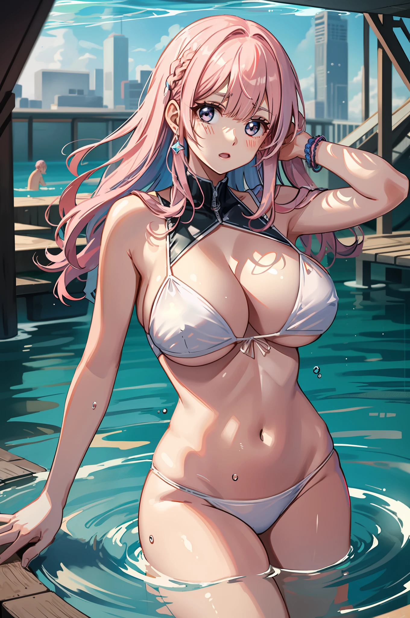 baby pink hair,quadratic element,huge tit,panicking,A white bikini,Under the water,Beth,Soak clothes,Light swimsuit