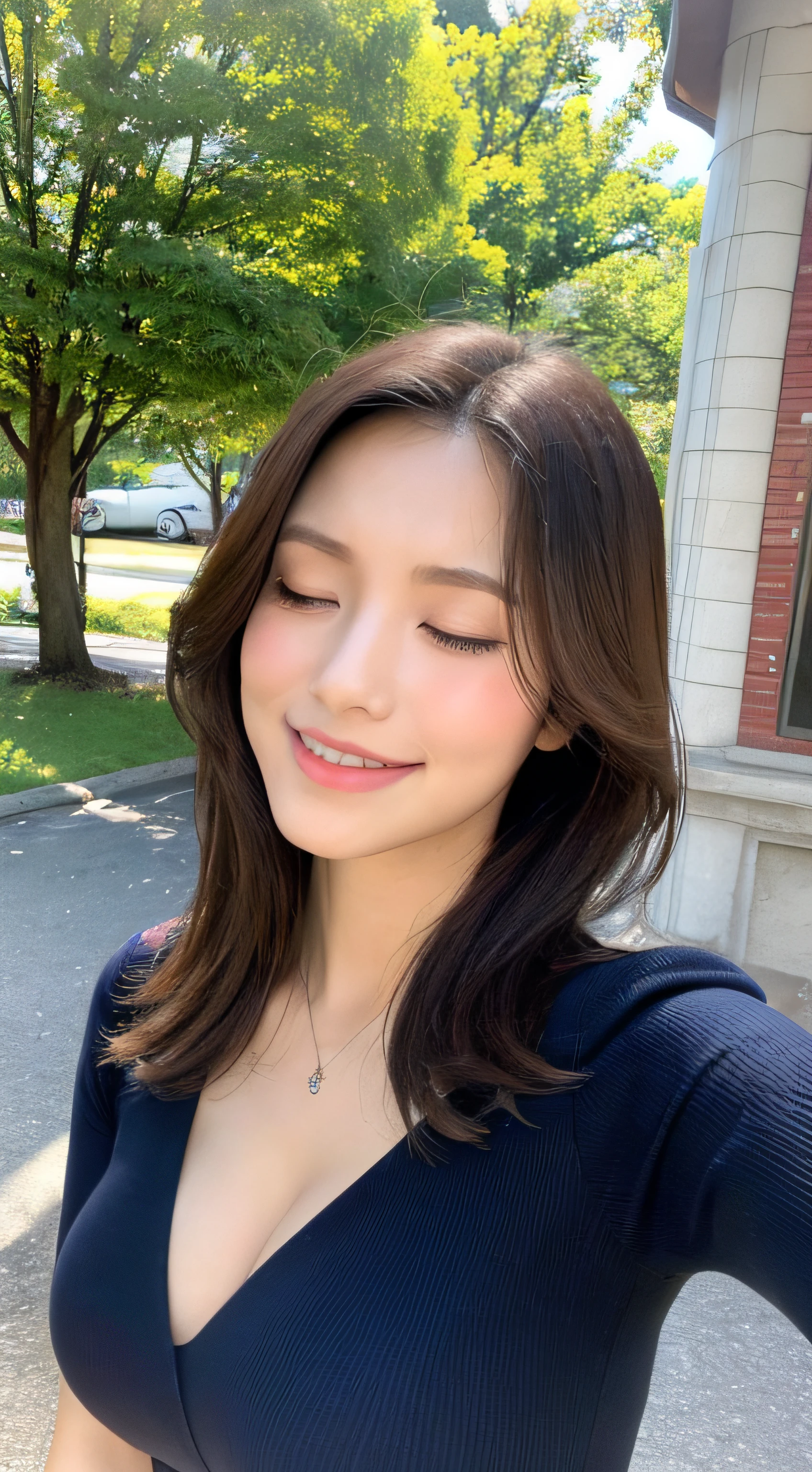 ((Top image quality、8K、masterpiece:1.3))、The upper part of the body(1.3)、爆乳(5)、Excellent style、Gentle face、Parallel eyebrows、A smile、natural make up、Clothing that emphasizes cleavage、During your morning commute、Refreshing、The tree々Cafe from between、((Closed eyes))、Give me a kiss、Angle from above